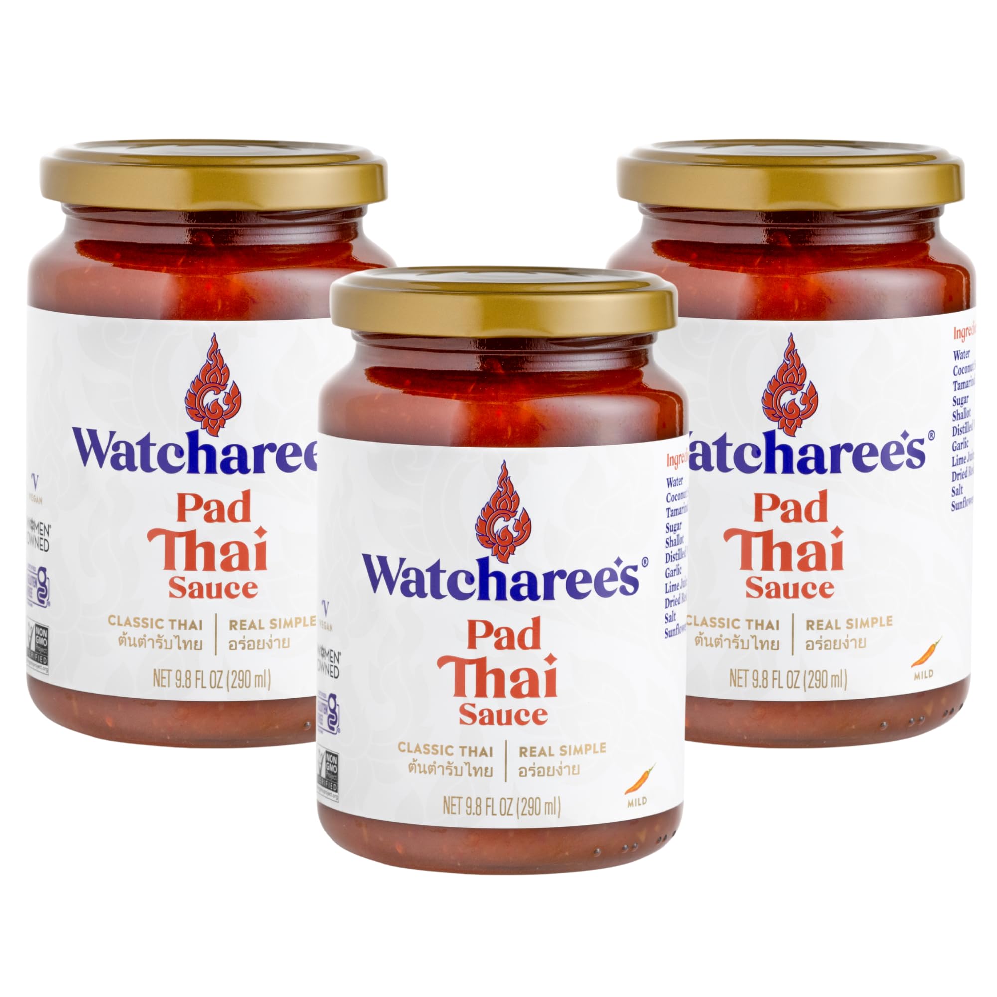 Watcharee‘s Thai Favorites Sauce - Pad Thai | Authentic Thai Stir Fry Sauce, Vegan, Non-GMO, Gluten-Free - Pack of 3, 9.8 fl oz Per Jar