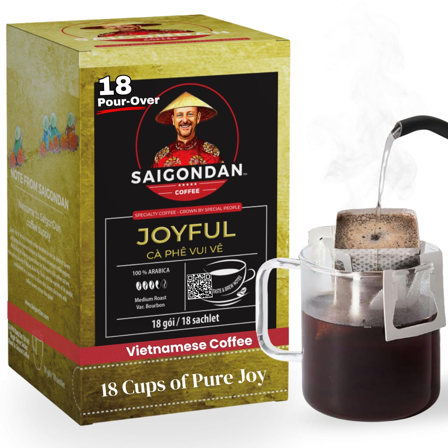 Joyful Pour Over Vietnamese Coffee - Saigondan Single Serve Coffee Sachets | Medium Roast 100% Arabica Bourbon | Instant Specialty Coffee for Travel