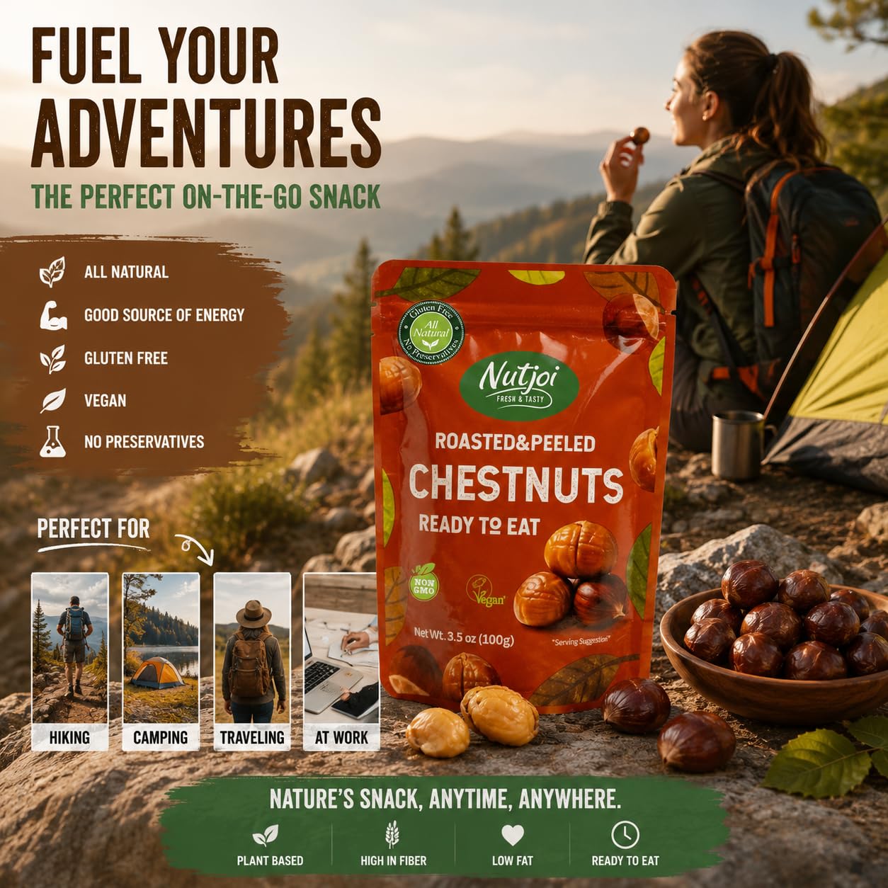 Roasted Chestnuts - Ready to Eat, Whole, Peeled & Cooked, Healthy Snack for Cooking & Baking, Vegan, Gluten Free - 3.5 oz (Pack of 6) - Nutjoi