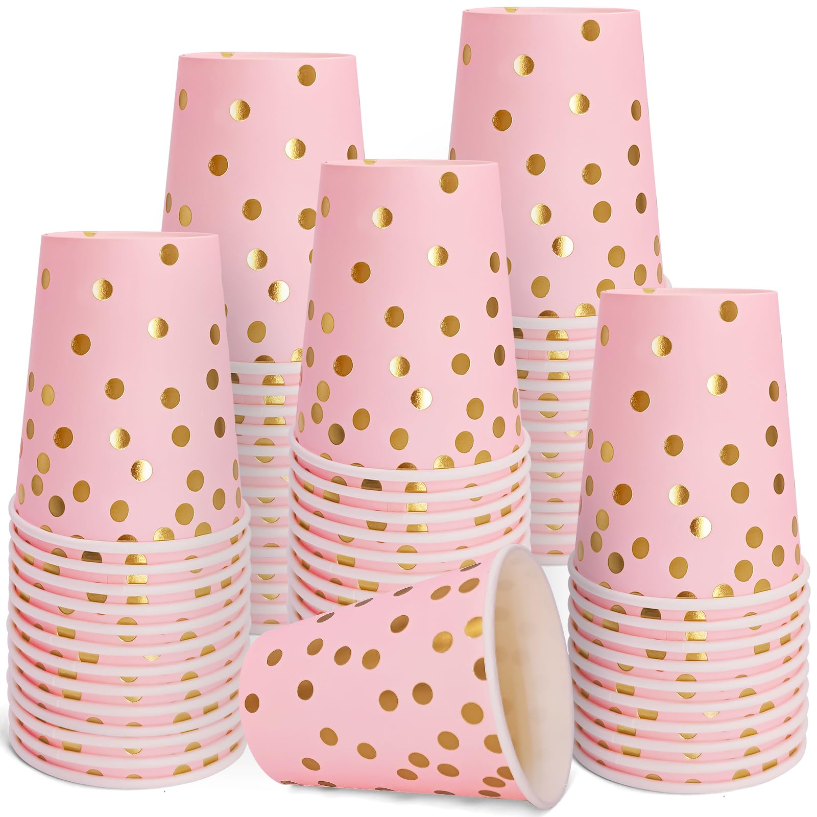 WYQJHKV Pink and Gold Paper Cups,9 oz Pink Disposable Cups,Gold Foil Dot Paper Cups for Birthday Wedding Party Supplies(50 Pcs)