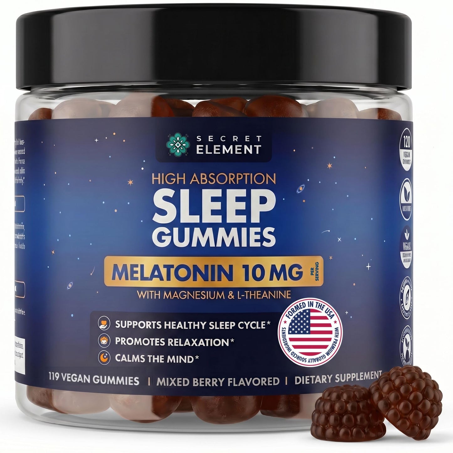 Mixed Berry Gummies with Melatonin 10mg, Magnesium & L-Theanine - Vegan, Non-GMO, Sugar Free