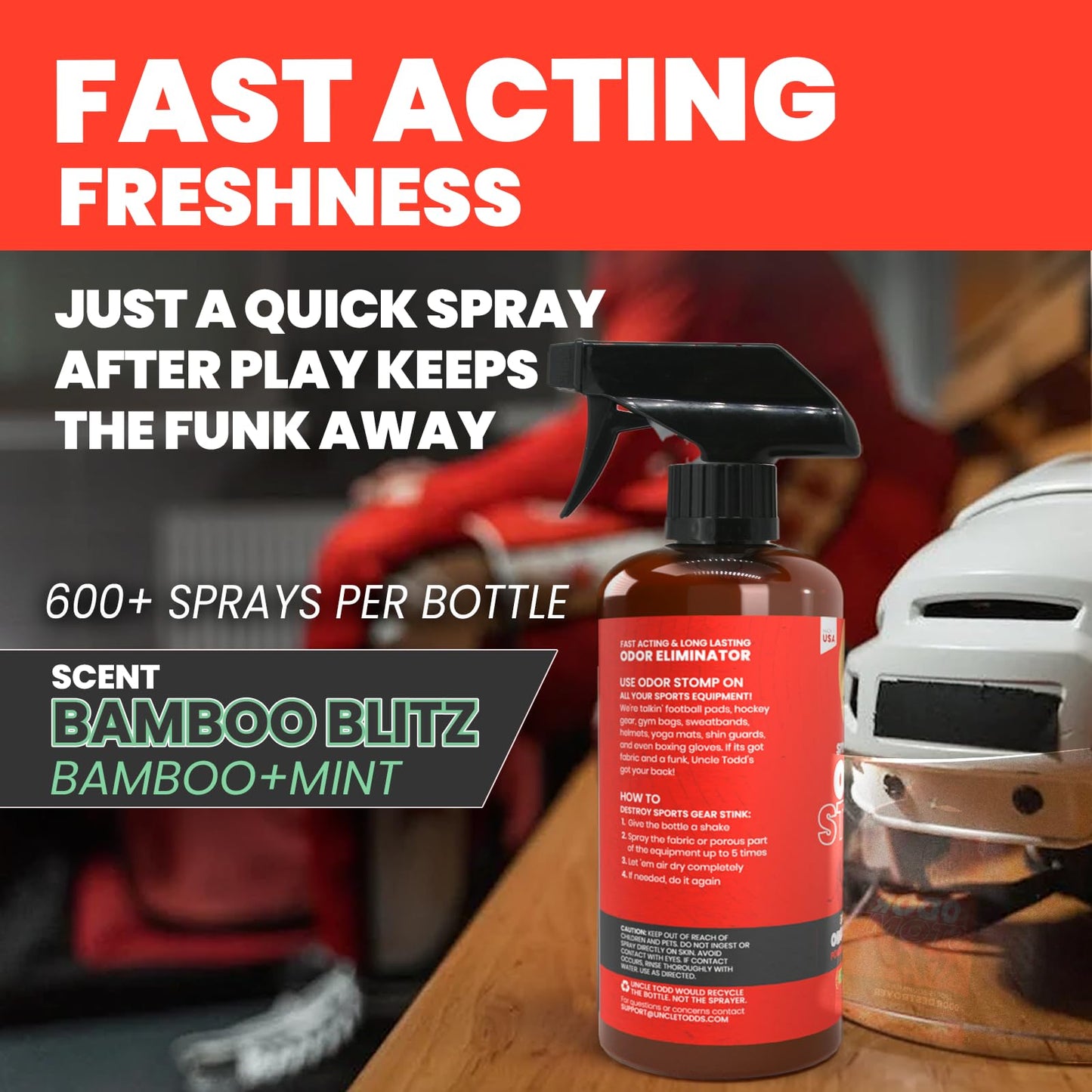 Uncle Todd’s Odor Stomp Sports Equipment Odor Eliminator Spray - Extra Strength Enzyme-Powered Deodorizer for Football, Hockey, Gym Bags, and Athletic