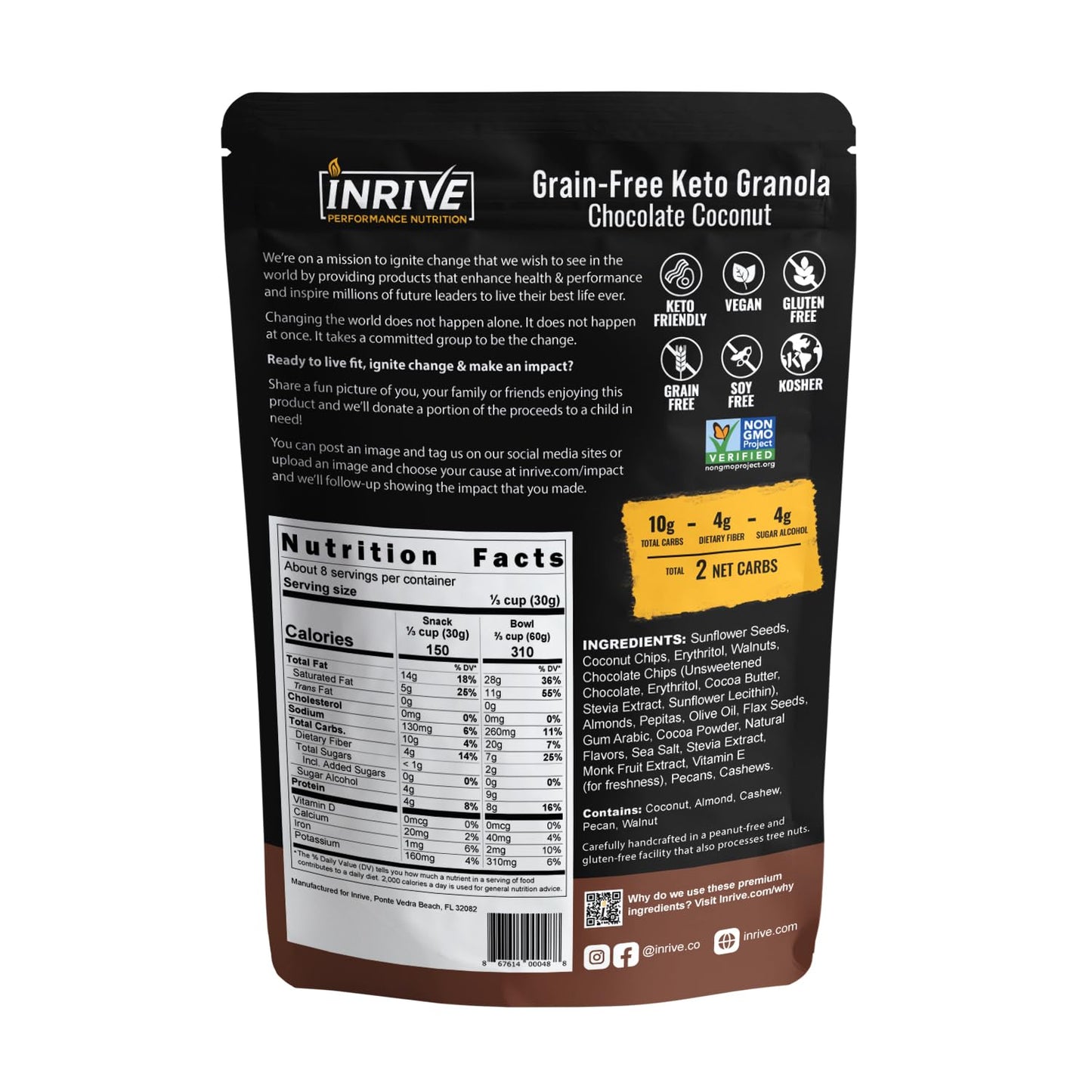 Inrive Keto Grain Free, Gluten Free Granola (Chocolate Coconut), Non GMO, No Sugar Added, Soy Free, Vegan, Kosher, 1 Pack