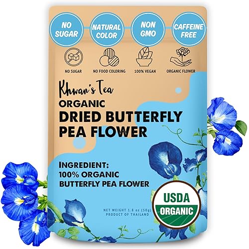 KHWAN'S TEA Butterfly Pea Flower Tea, USDA Organic Loose Dried Whole Flowers 1.8 oz (50g), 120+ Cups, Caffeine-Free Antioxidant-Rich Herbal Tea
