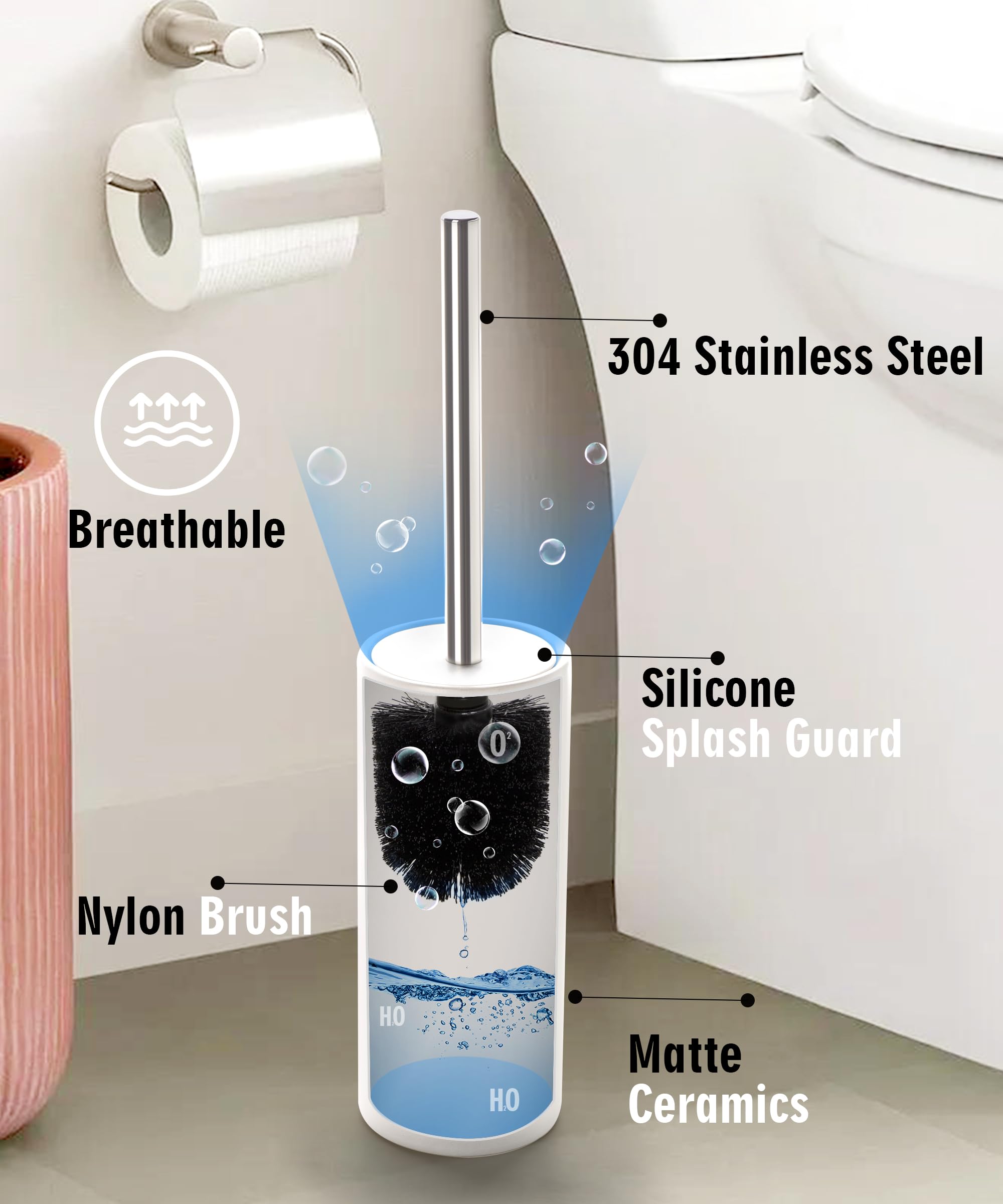 Viosuniu Matt White Ceramic Toilet Brush and Holder Set, Durable Bristles Non Scratch Toilet, Long Stainless Steel Handle, Freestanding Toilet Bowl