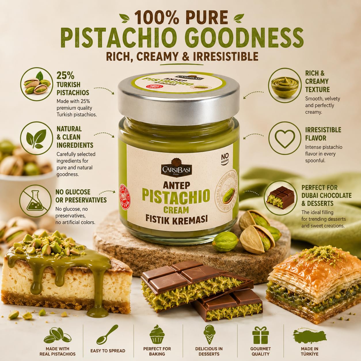 Çar??ba?? Pistachio Cream 200g - 25% Turkish Pistachios, Premium Pistachio Spread, No Glucose or Preservatives, Viral Dubai Chocolate Filling