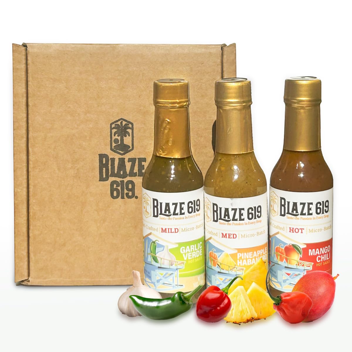 Blaze 619 Gourmet Hot Sauce Gift Set, Pineapple Habanero, Mango Chili, Garlic Verde, All Natural, Gluten Free, Vegan, Low Sodium, 5oz Bottles, 3 Pack