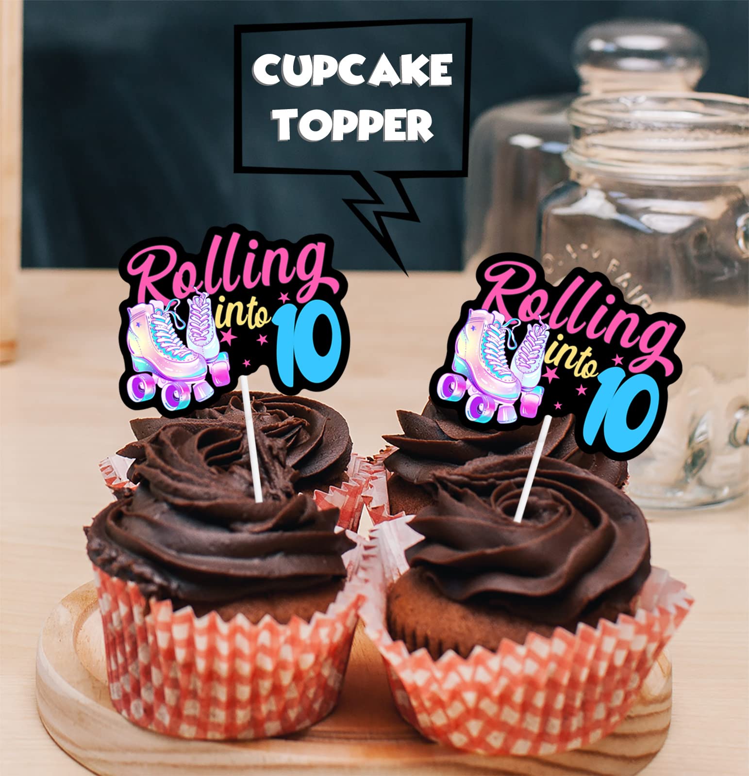 18pcs Black Glitter Pink Roller Skates Dessert Cupcake Topper 80s 90s Retro Hip Hop Roller Skating Rolling into 10 Theme Decor Supplies Boy Girl 10th