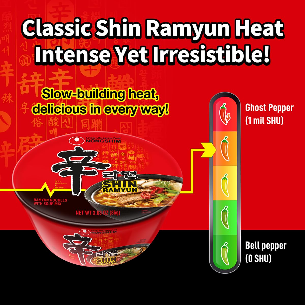 Nongshim Shin Ramyun Bowl Noodles, Spicy Korean Signature Instant Ramyun, Rich Beef Flavored Broth, Quick and Easy, Microwaveable Bowl, 3.03 oz (Pack