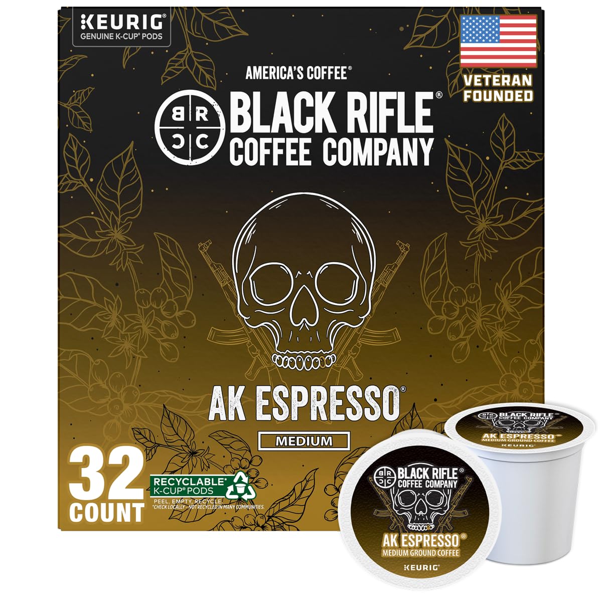 Black Rifle Coffee Company AK Espresso, 32 Count, Medium Roast K Cups - Single Serve K Cups Coffee Pods - Kcup Pods Compatible with Keurig 1.0 & 2.0