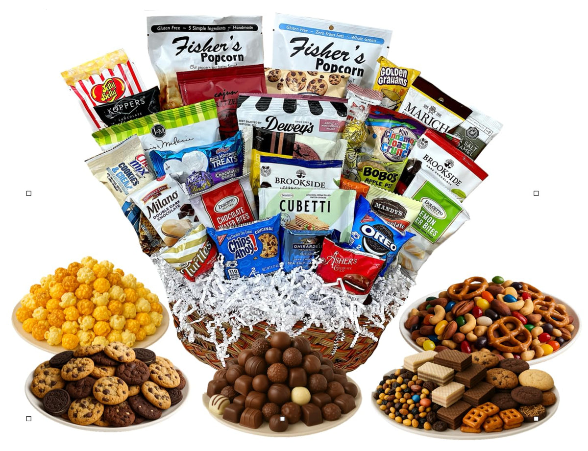 Handcrafted Gift Basket with Chocolates, Cookies, Snacks & Candy. Perfect for Birthdays, Sympathy, Holidays, Clients & Thank You Gifts (Premium