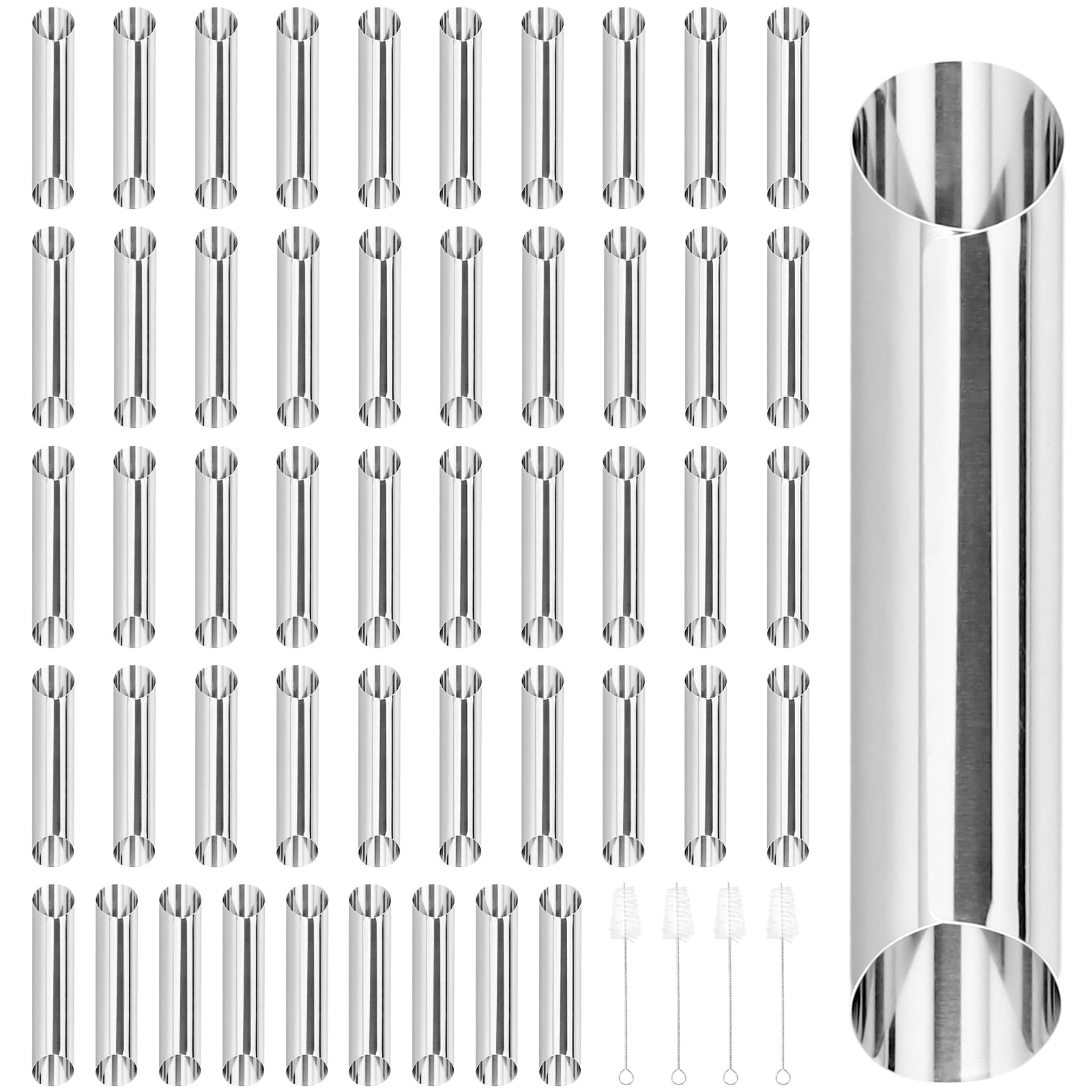 SEHOI 50 PCS Cannoli Tubes Molds, 5 Inch Non Stick Cannoli Tubes, Metal Cannoli Shells Tubes with 4 Cleaning Brushes, Stainless Steel Cone Cream Horn