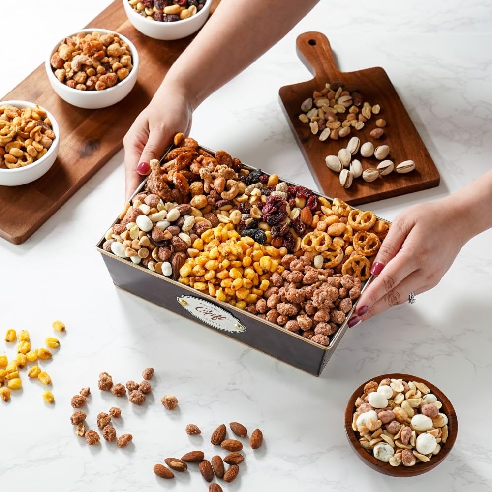 Broadway Basketeers Birthday Nuts Gift Basket - Premium Healthy Assorted 6 Gourmet Nuts & Trail Mix Snacks Basket - Happy Birthday Gifts for Men