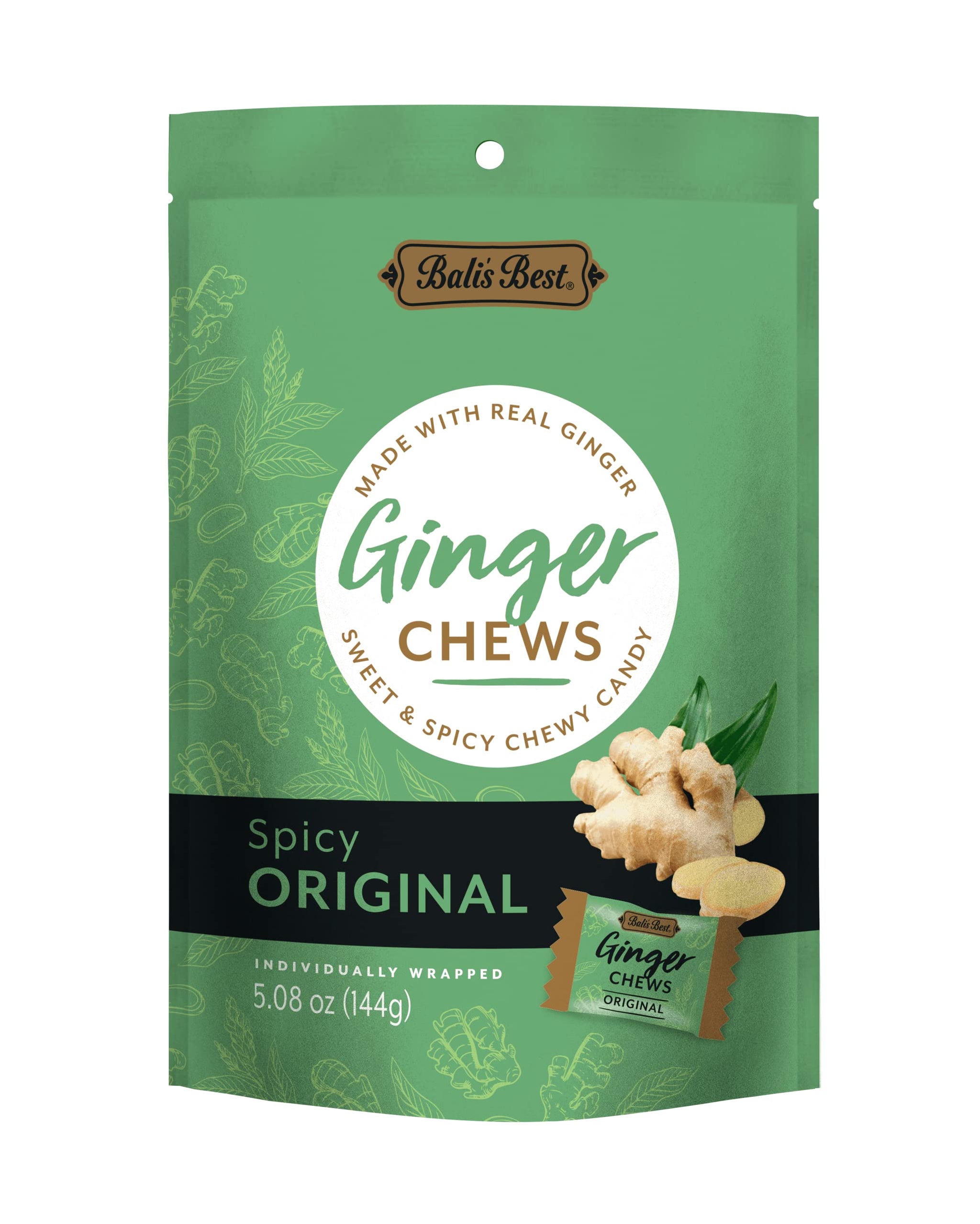 Bali's Best Ginger Chews, Spicy Original Flavor, 5.08 Oz, Individually Wrapped Soft Candy, Made with 100% Real Ginger, Digestive Health Support, Upset