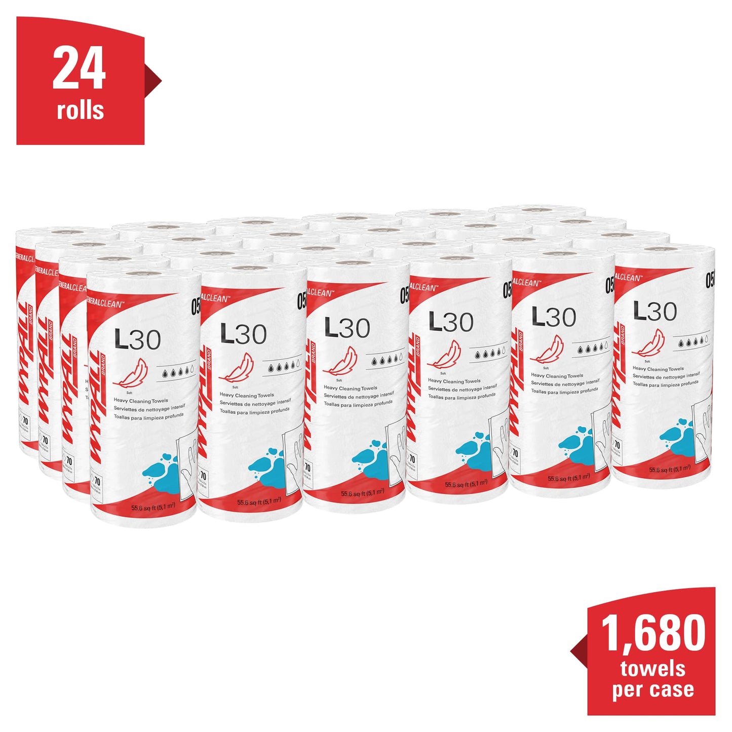 WypAll GeneralClean L30 Cloths Heavy Duty Cleaning Wipes (05843), Strong and Soft Bulk Paper Wipers, White (70 Sheets/Roll, 24 Rolls, 1,680 Sheet
