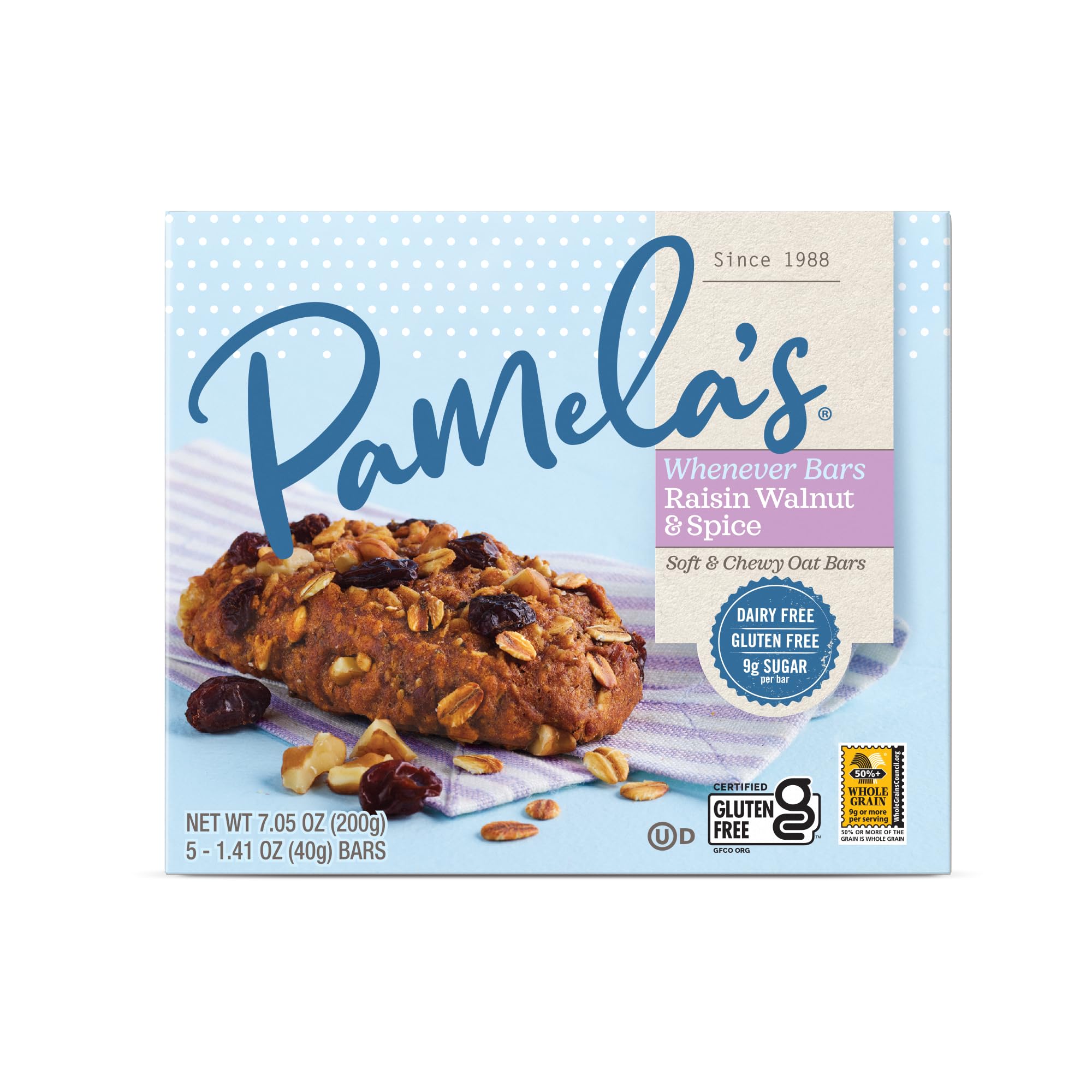 Pamela’s Whenever Bars for Breakfast and On-The-Go Snacks, Soft and Chewy Oat Bars, Dairy Free Gluten Free, Raisin Walnut and Spice, 7.05 Ounce (Pack