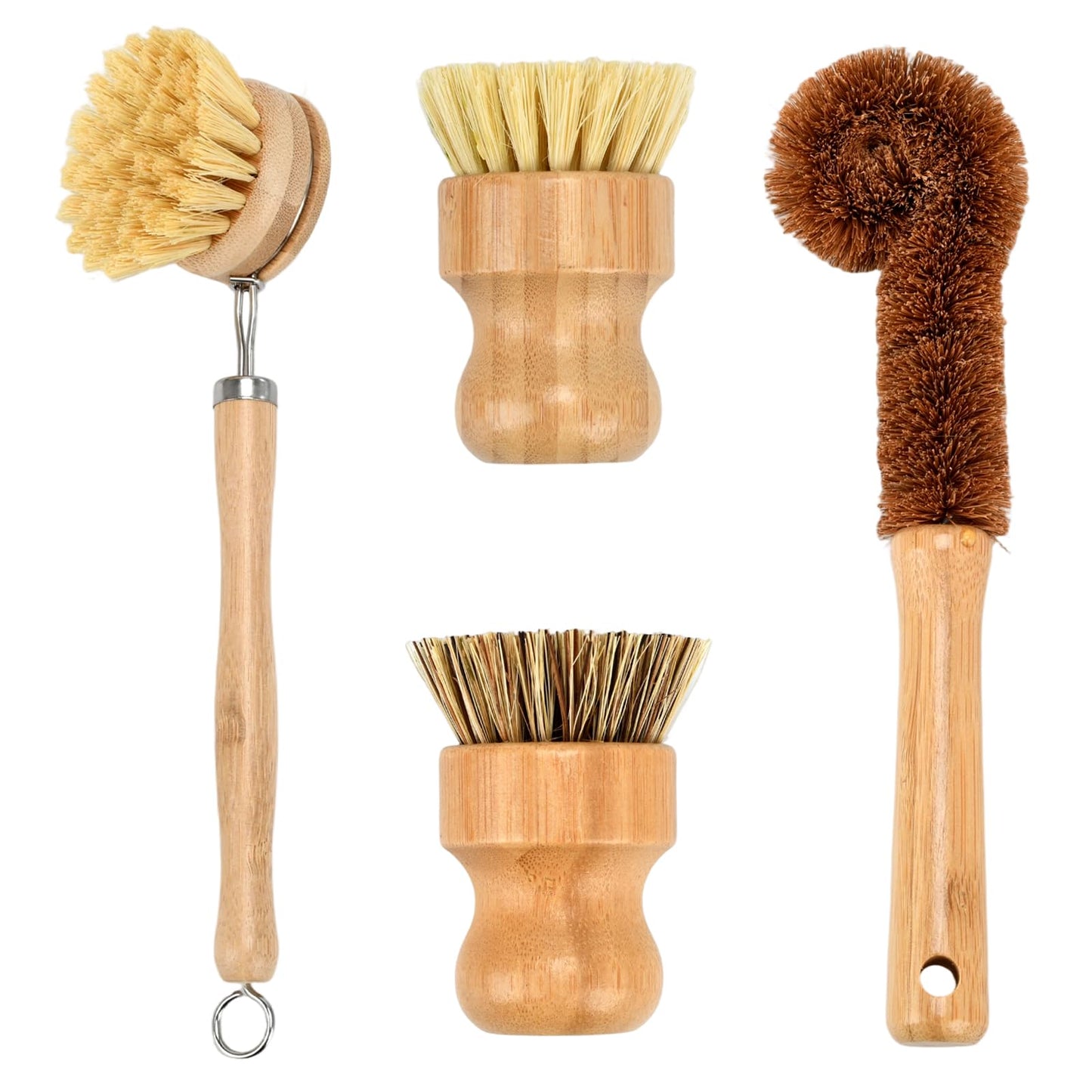4 Piece Bamboo Dish Brush Set - Bamboo Dish Bottle Brush with Sisal, Dish Scrubber for Kitchen Cleaning Dishes, Pots, Pans