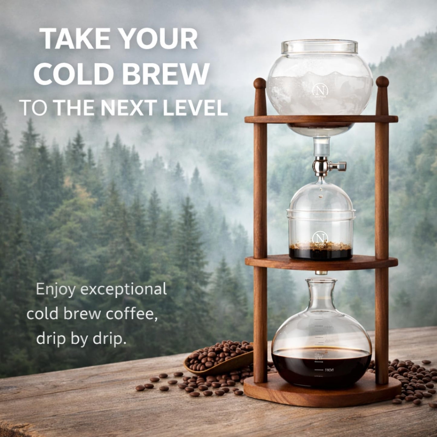 Nispira Cold Brew coffee Maker Ice Coffee Drip Machine with Advanced Slow Drip Technology Borosilicate Glass with Wood Tower, 6-8 Cup, Brown