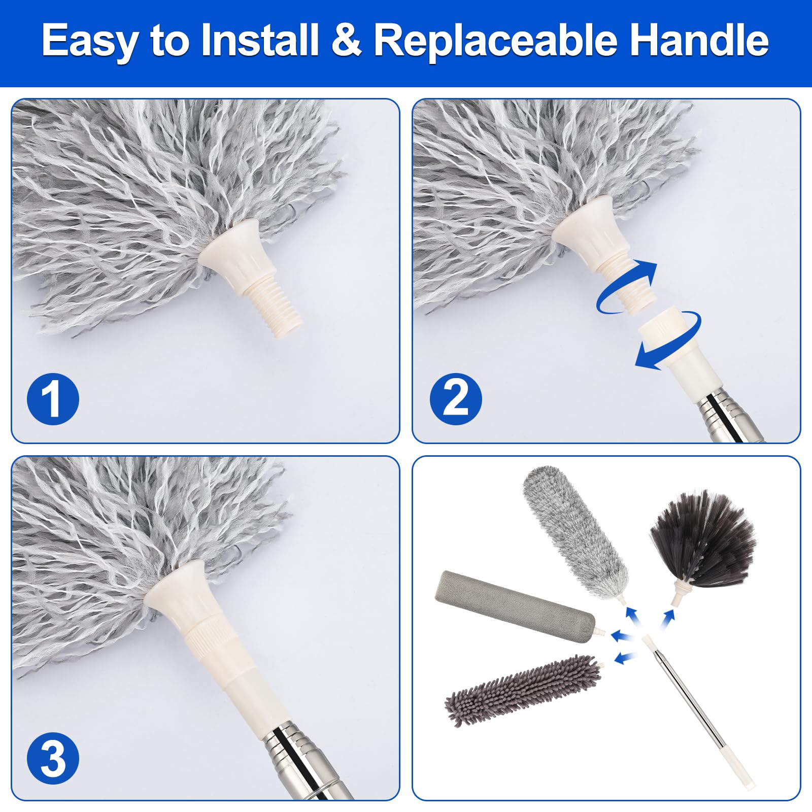 Microfiber Duster with Extension Pole(Stainless Steel) 30 to 100 Inches, Washable Dusters, Reusable Dusters, Bendable Duster for High Ceiling