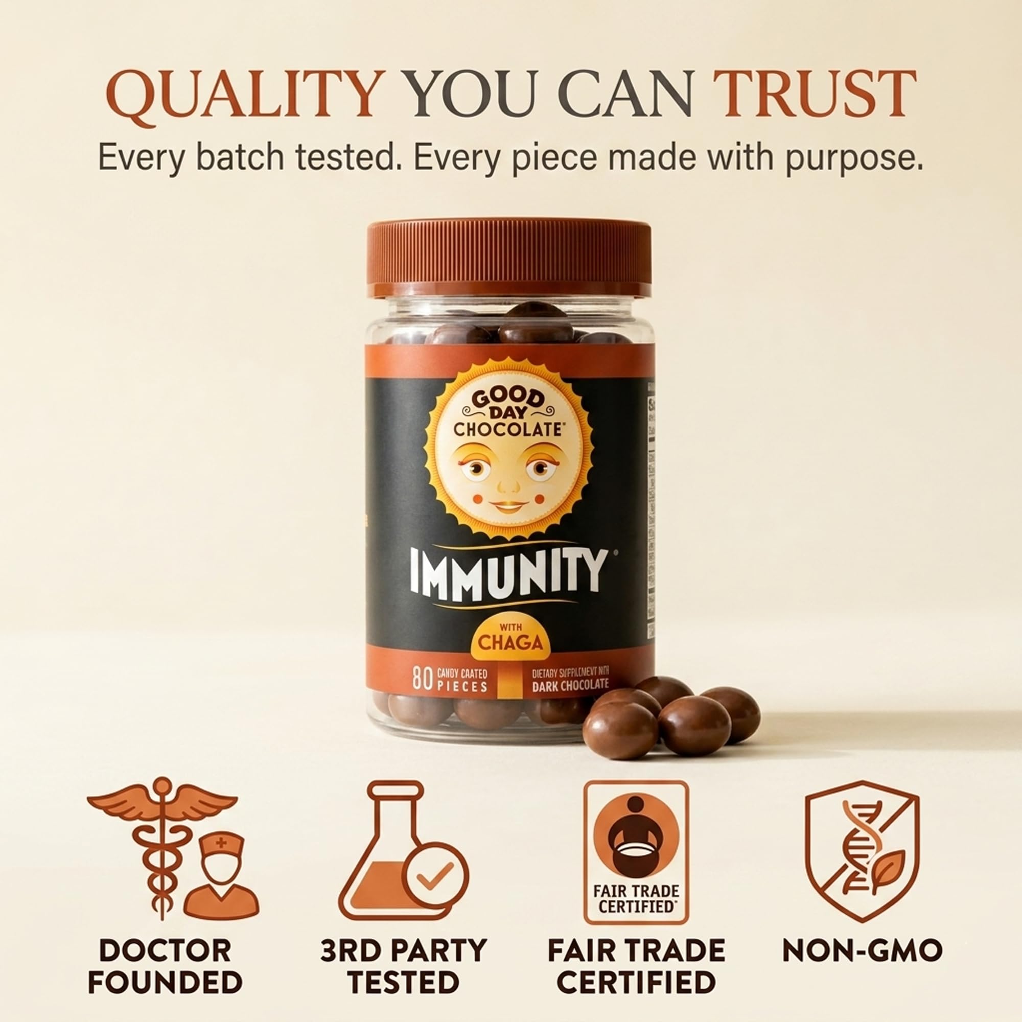 Good Day Chocolate Immunity - Dark Chocolate with Elderberry, Zinc & Chaga Mushroom for Immune Support - Easy Daily Chocolate Supplement - 80 Count