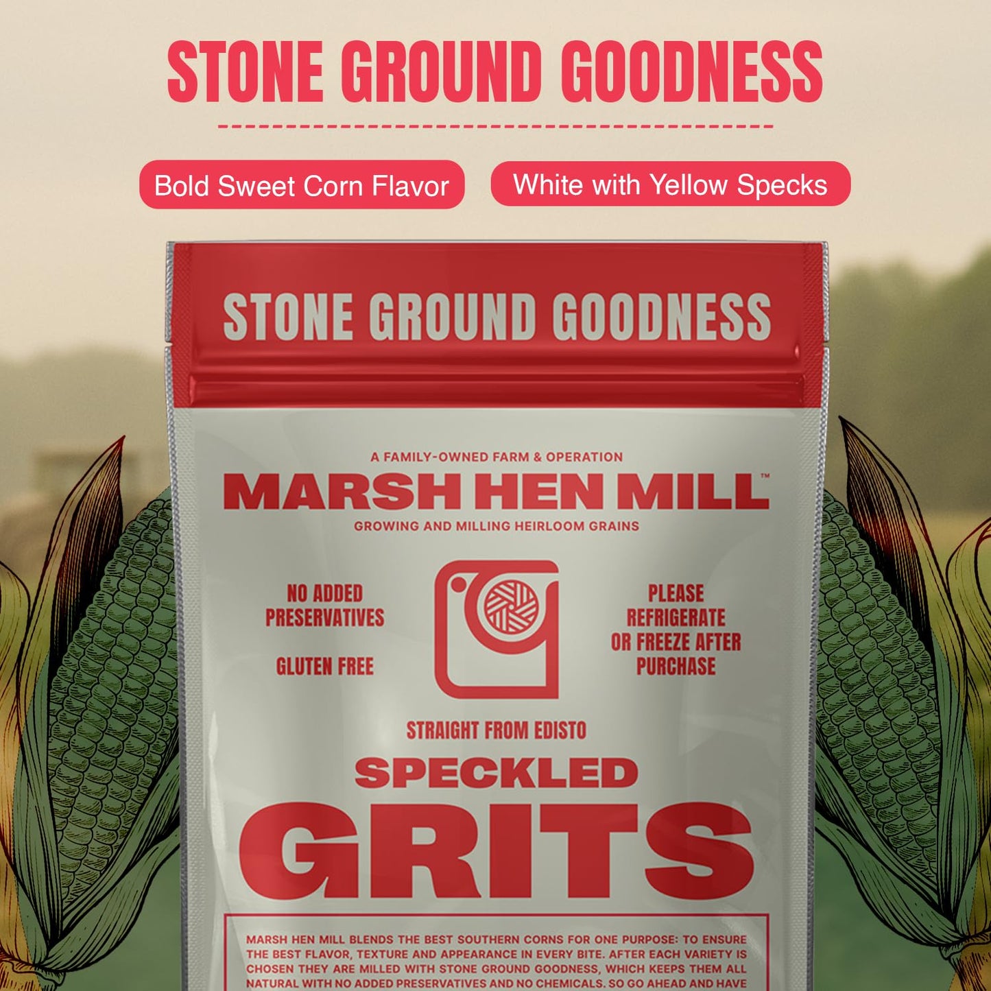 Marsh Hen Mill Speckled Grits, Stone Ground Heirloom Blend of Yellow & White Corn, Old-Fashioned, Gluten-Free & No Additives, Pure All-Natural, 24 oz