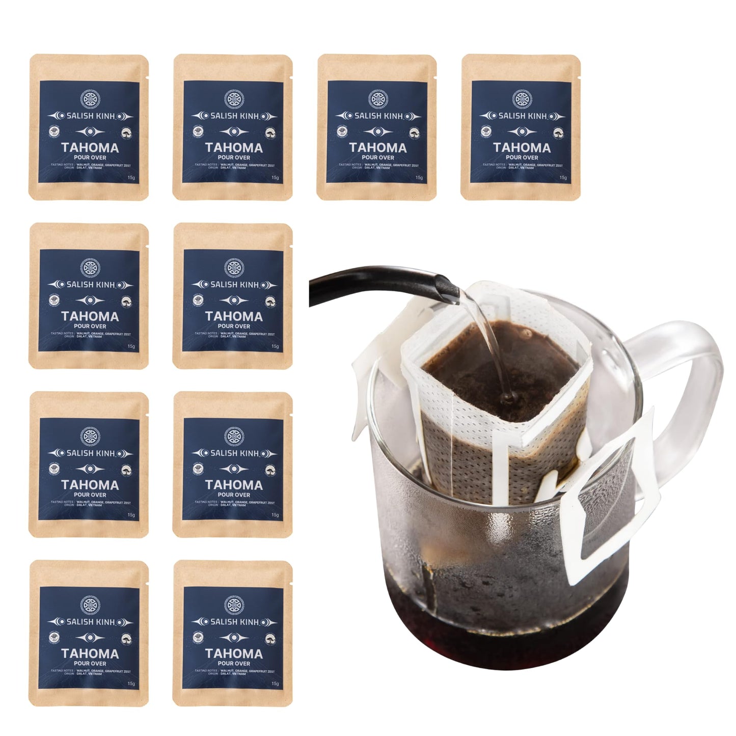 SALISH KINH Premium Pour Over Single-Serve Vietnamese Coffee | Tahoma | Medium Roast | Includes 10 Coffees | Single Origin | Direct Trade | Instant