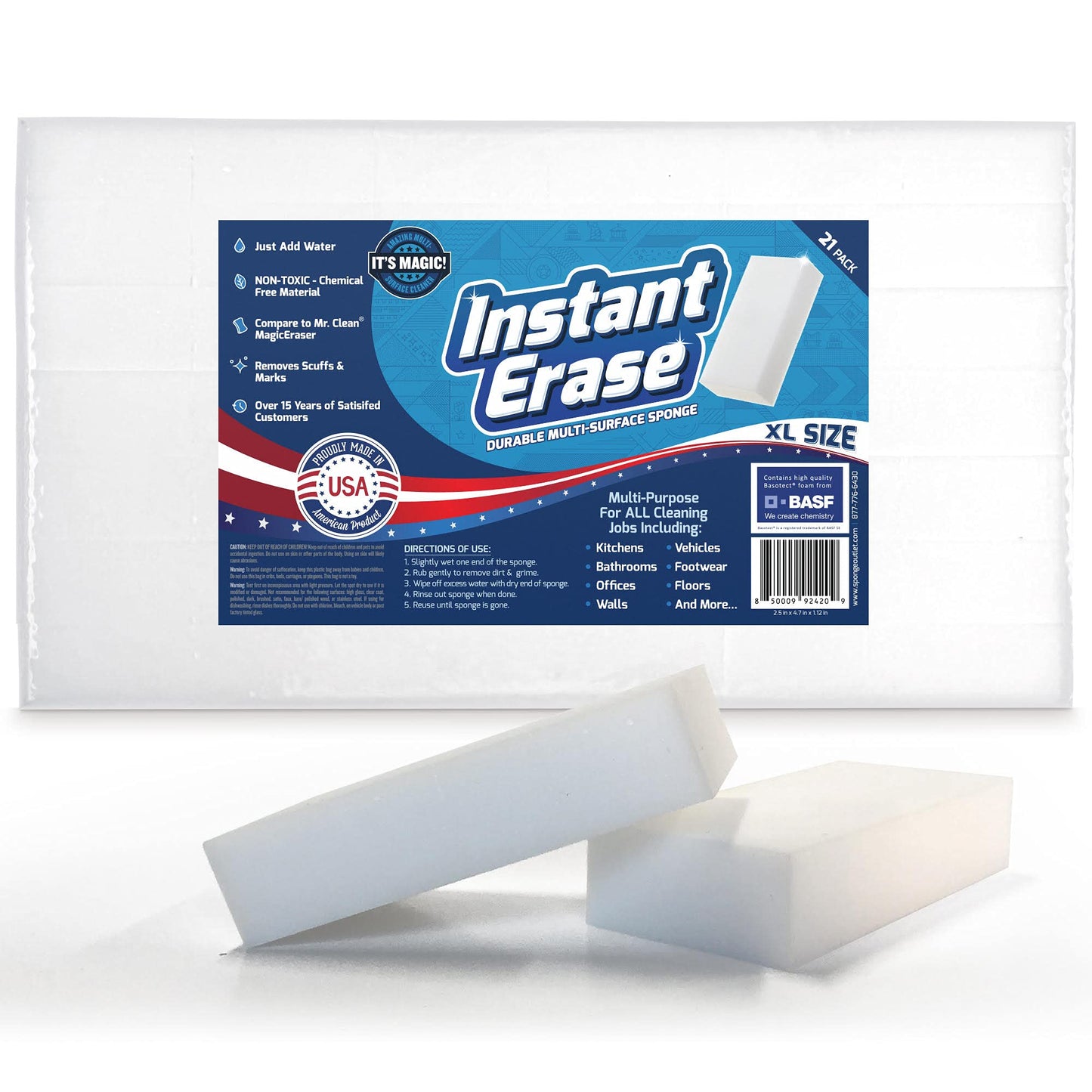 21 Pack Instant Erase XL Magic Cleaning Eraser Sponges - USA Converted and Packaged! Great for Bathtub, Floor Baseboard, and Walls. Multi-Surface