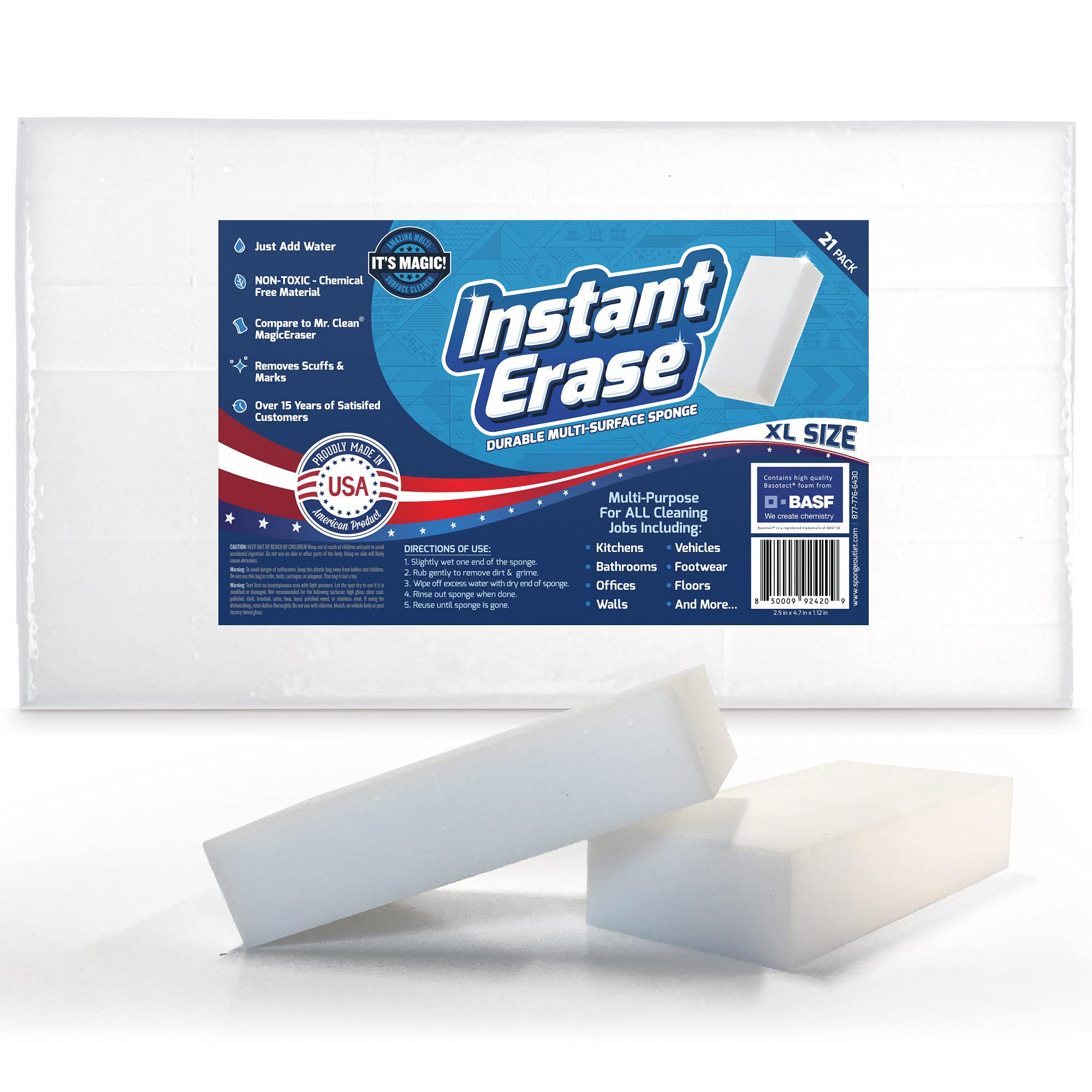 21 Pack Instant Erase XL Magic Cleaning Eraser Sponges - USA Converted and Packaged! Great for Bathtub, Floor Baseboard, and Walls. Multi-Surface