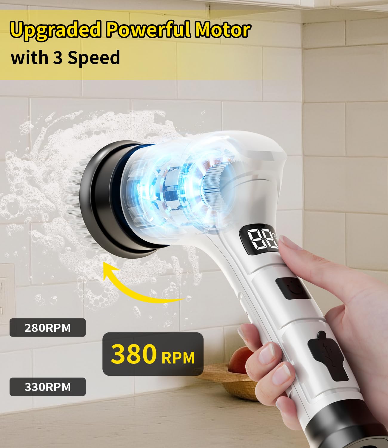 Electric Spin Scrubber, Cordless Household Cleaning Brush with 6 Replaceable Heads, 3 Speeds, LED Display, Lightweight Handheld Power Scrubber