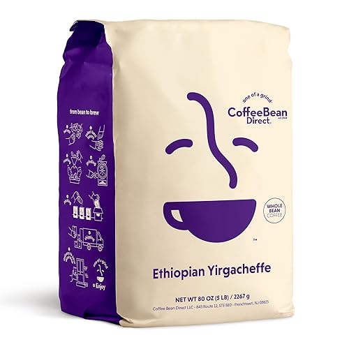 Coffee Bean Direct Ethiopian Yirgacheffe, Whole Bean Coffee, Arabica Coffee, Light Roast, 5 Pound Bag (Pack of 1)