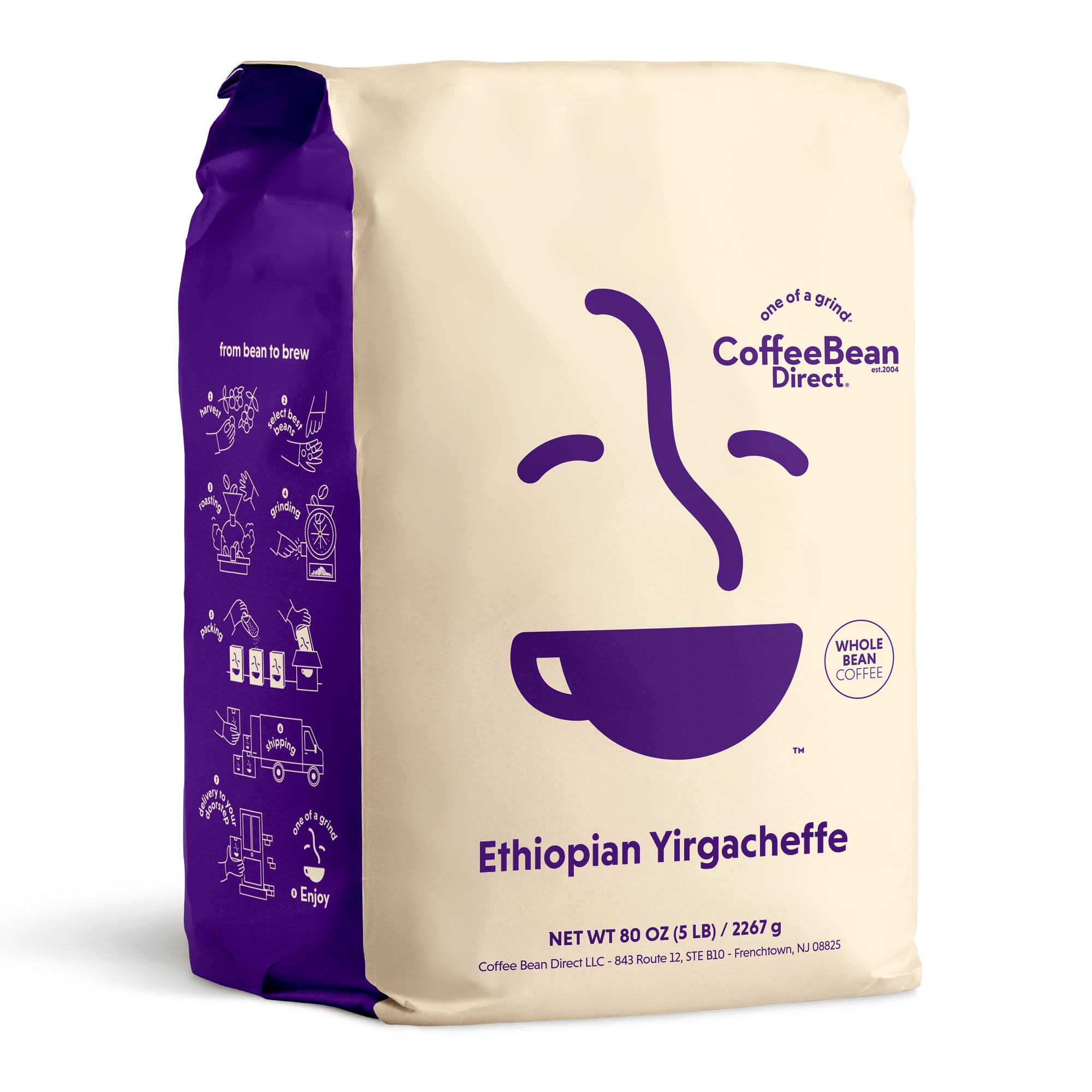 Coffee Bean Direct Ethiopian Yirgacheffe, Whole Bean Coffee, Arabica Coffee, Light Roast, 5 Pound Bag (Pack of 1)