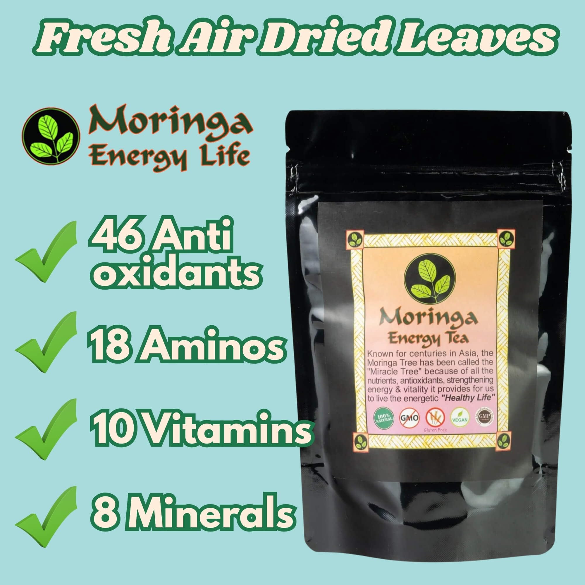 MORINGA ENERGY TEA - Loose leaf 3 oz. Natural, hand harvested and freshly packaged with 100% Pure Moringa Leaves.