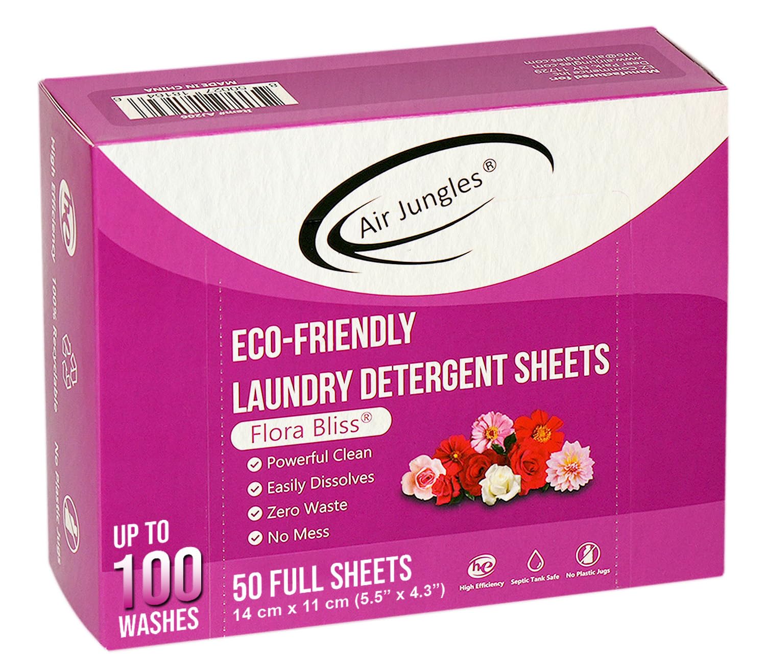 Air Jungles Laundry Detergent Sheets 100 Loads, Flora Bliss Scent, Easy to Use, Zero Waste Solution, Lightweight, Powerful Cleaning, Ideal for Home