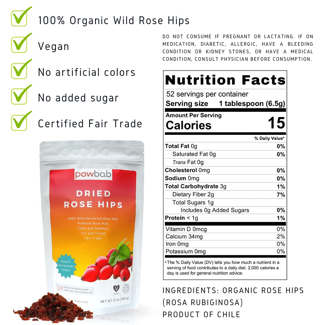 powbab Dried Rose Hips - 100% Organic Wild Rosehip Cut & Sifted. Premium Rosa Rubiginosa. Bulk Seedless Whole Dried Organic for Rose Hip Tea. No Added