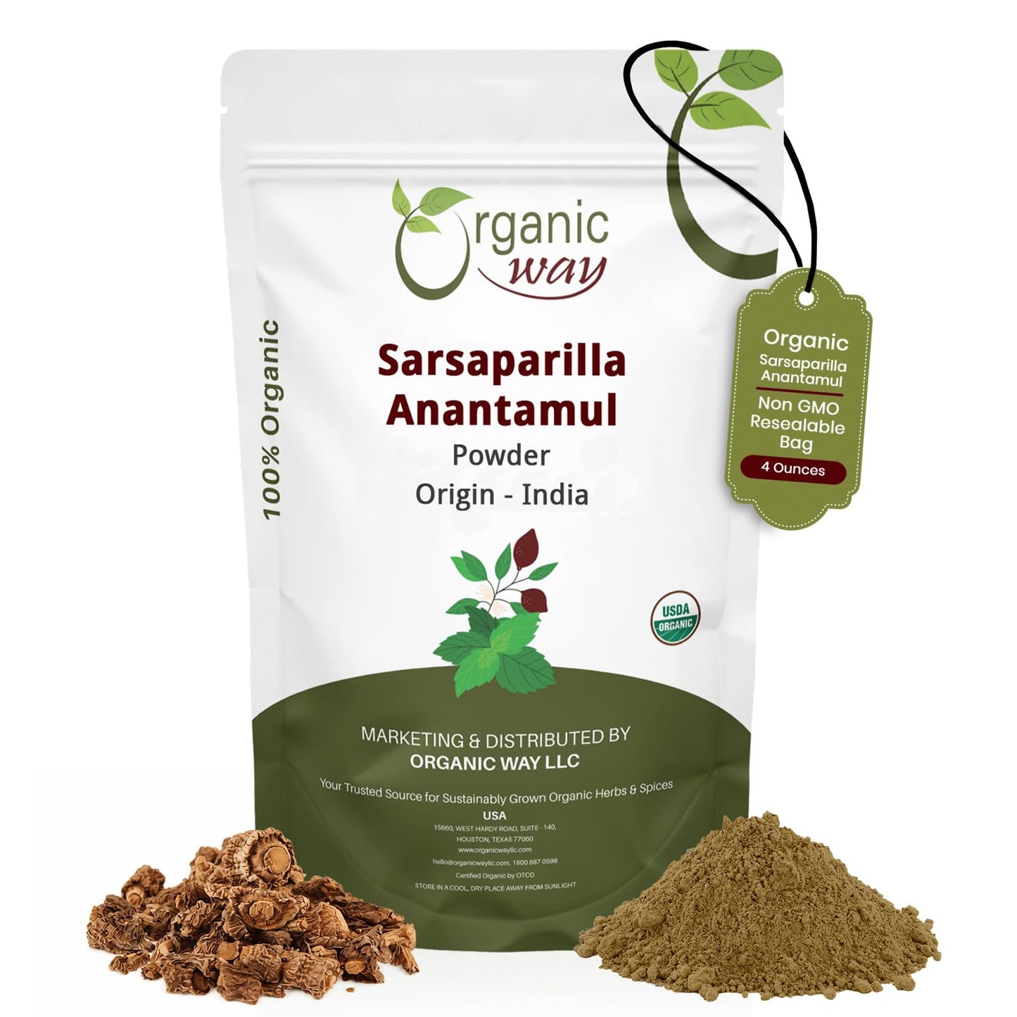 Organic Way Sarsaparilla/Anantamul Root (Hemidesmus indicus) Powder - Herbal Tea | USDA & Kosher Certified | Vegan, Non GMO & Gluten Free | Resealable