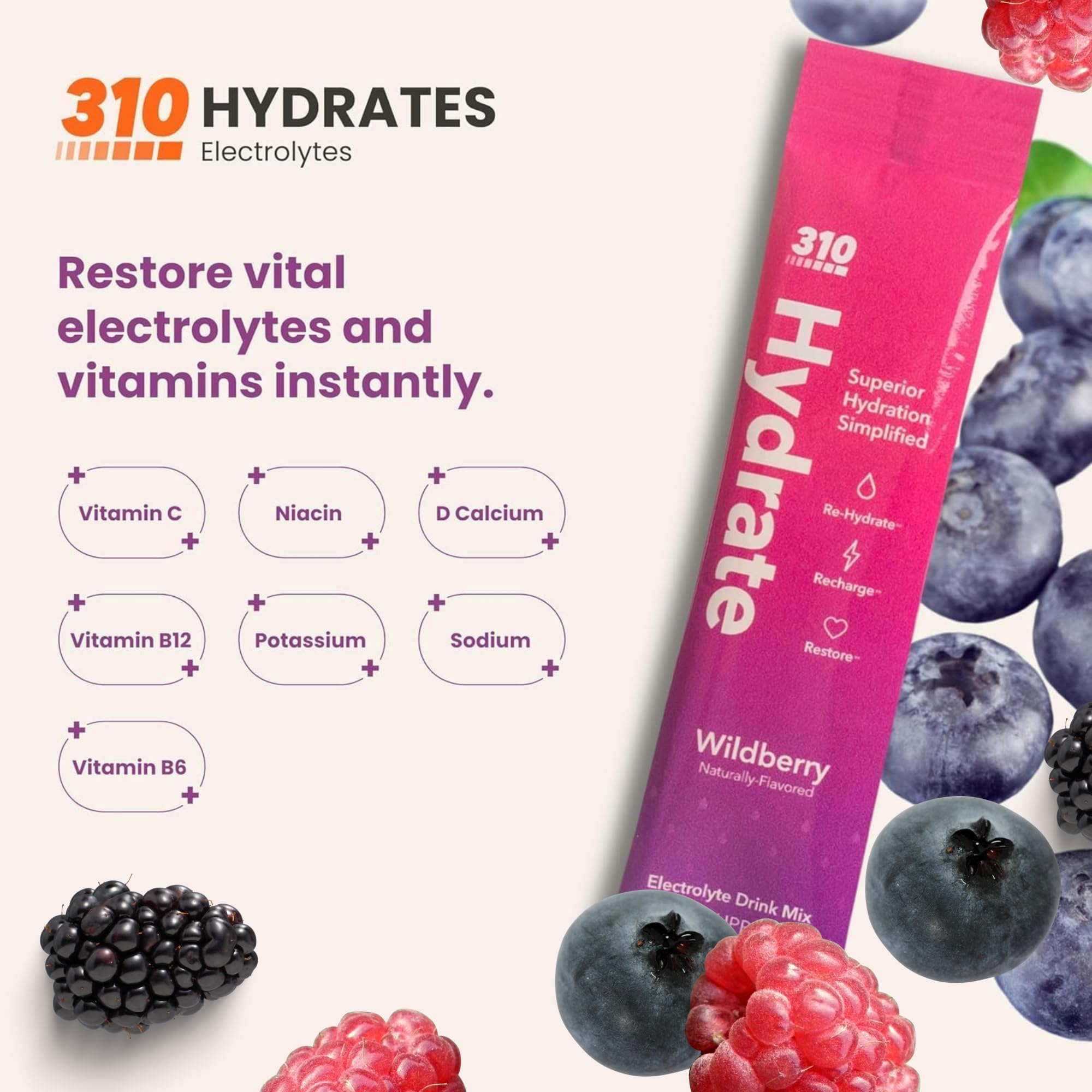 310 Nutrition Sugar Free Electrolytes Powder - Instant Hydration Packets for Daily Fluid Balance - Caffeine-Free Rehydration Drink Mix w/ Vitamins