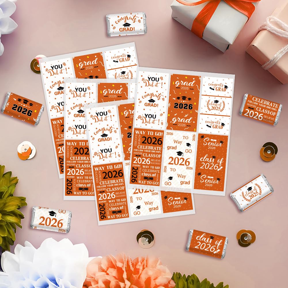 Graduation Party Decorations, 2026 Graduation Candy Stickers, 120 PCS Orange White Congrats Grad Mini Candy Wrapper Class of 2026 Bar Label Sticker