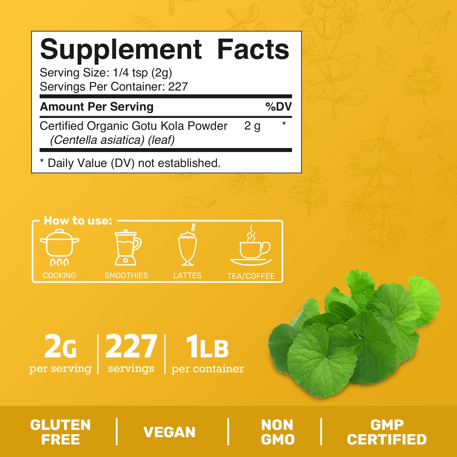 Jai Ho Certified USDA Organic Gotu Kola Powder - 1 LB - Gluten-Free, Vegan, Non-GMO - Resealable Zip Lock Pouch