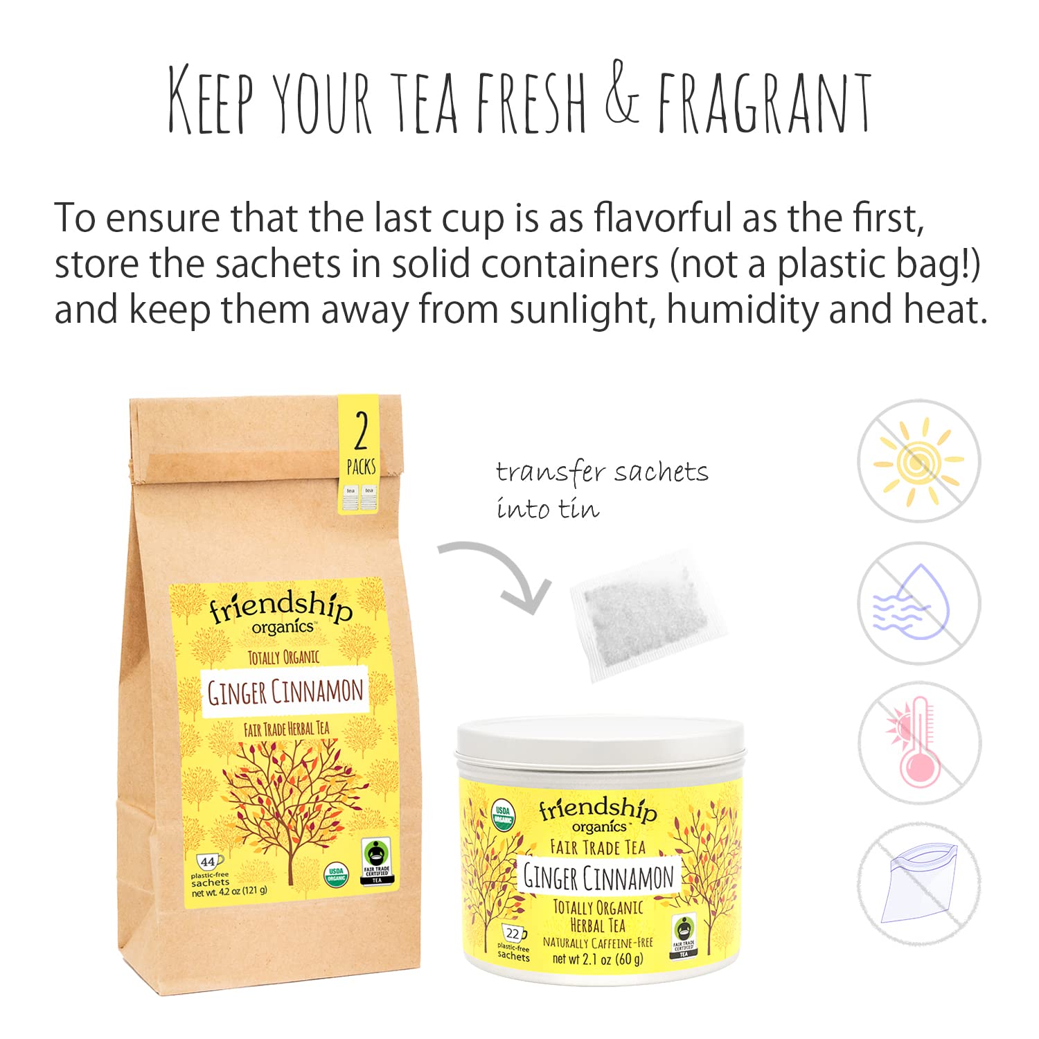 Friendship Organics Ginger Cinnamon Tea Bags, Organic Herbal and Fair Trade 22 Count