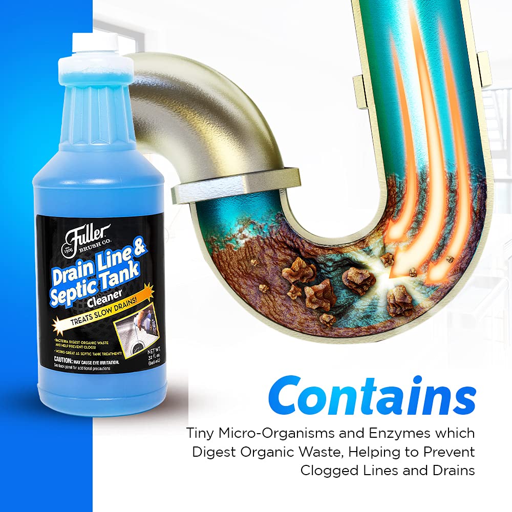 Fuller Brush Drain Line & Septic Tank Cleaner - 32 oz Enzyme-Based Drain Cleaner for Slow Drains, Grease & Food Buildup, Safe for PVC/Metal Pipes
