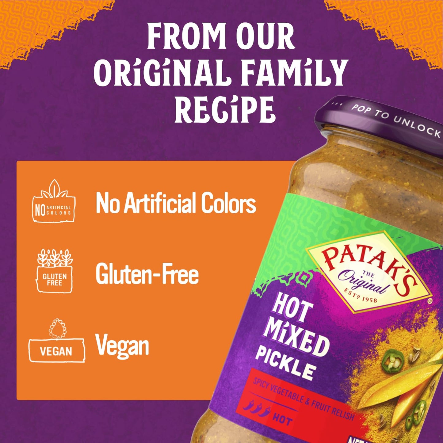 Patak’s Hot Mixed Pickle - Authentic Indian Relish w/Mangoes, Carrots, Limes, Chili Peppers & Aromatic Spices -Perfect for Sandwiches, Salads & Cold