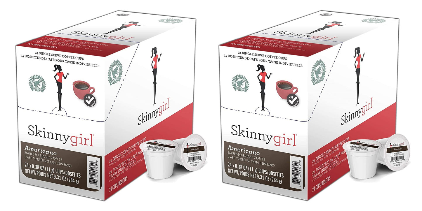 Skinnygirl Coffee Pods, Americano, Espresso Roast Coffee in Single Serve Pods for Keurig K Cups Brewers, 24 Count Per Box, 2 Boxes
