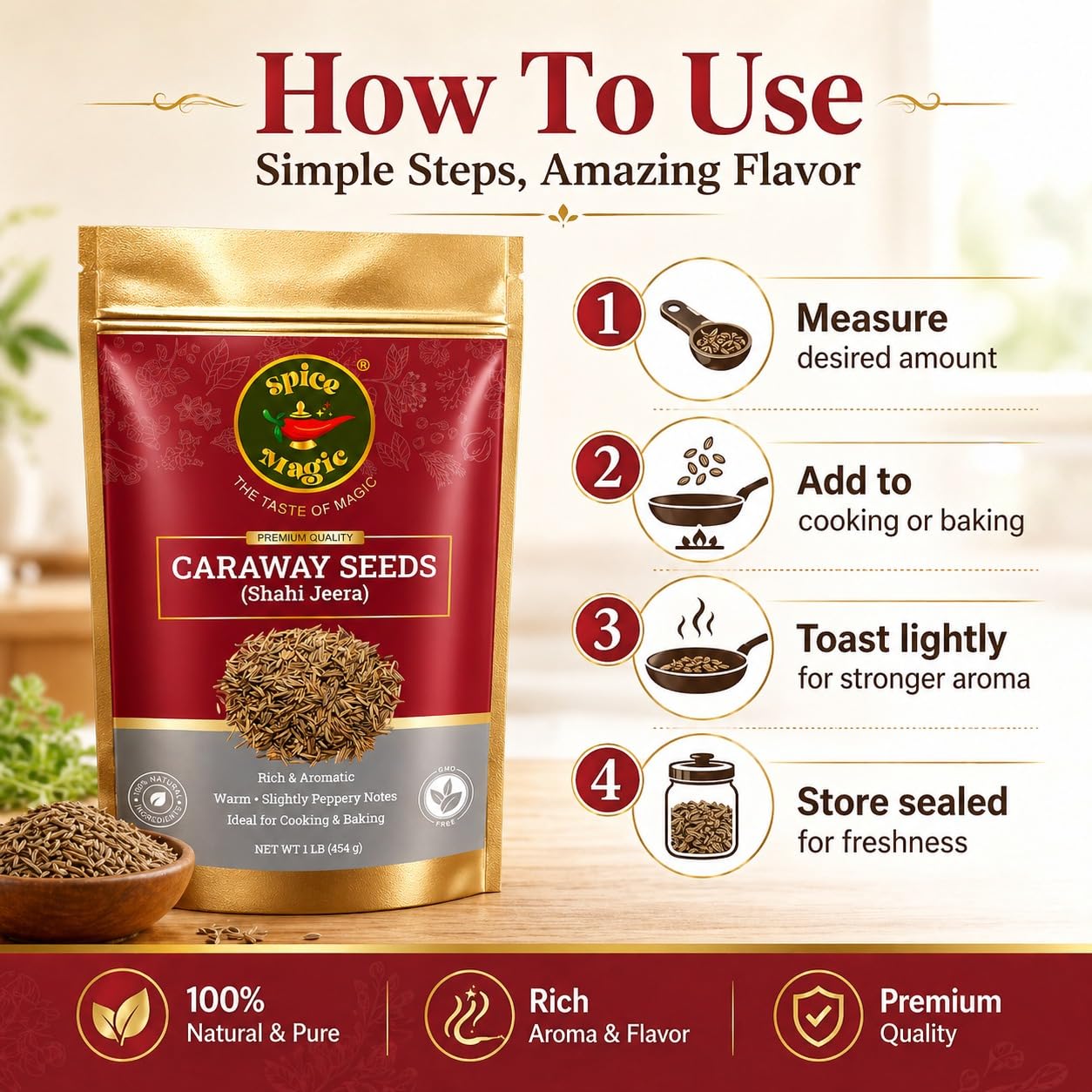Spice Magic Caraway Seeds 1 lb (454 g) | 100% Natural, Non-GMO, Vegan | Fresh & Aromatic Spice for Pickles, Sauces, Rye Bread Baking, Cooking
