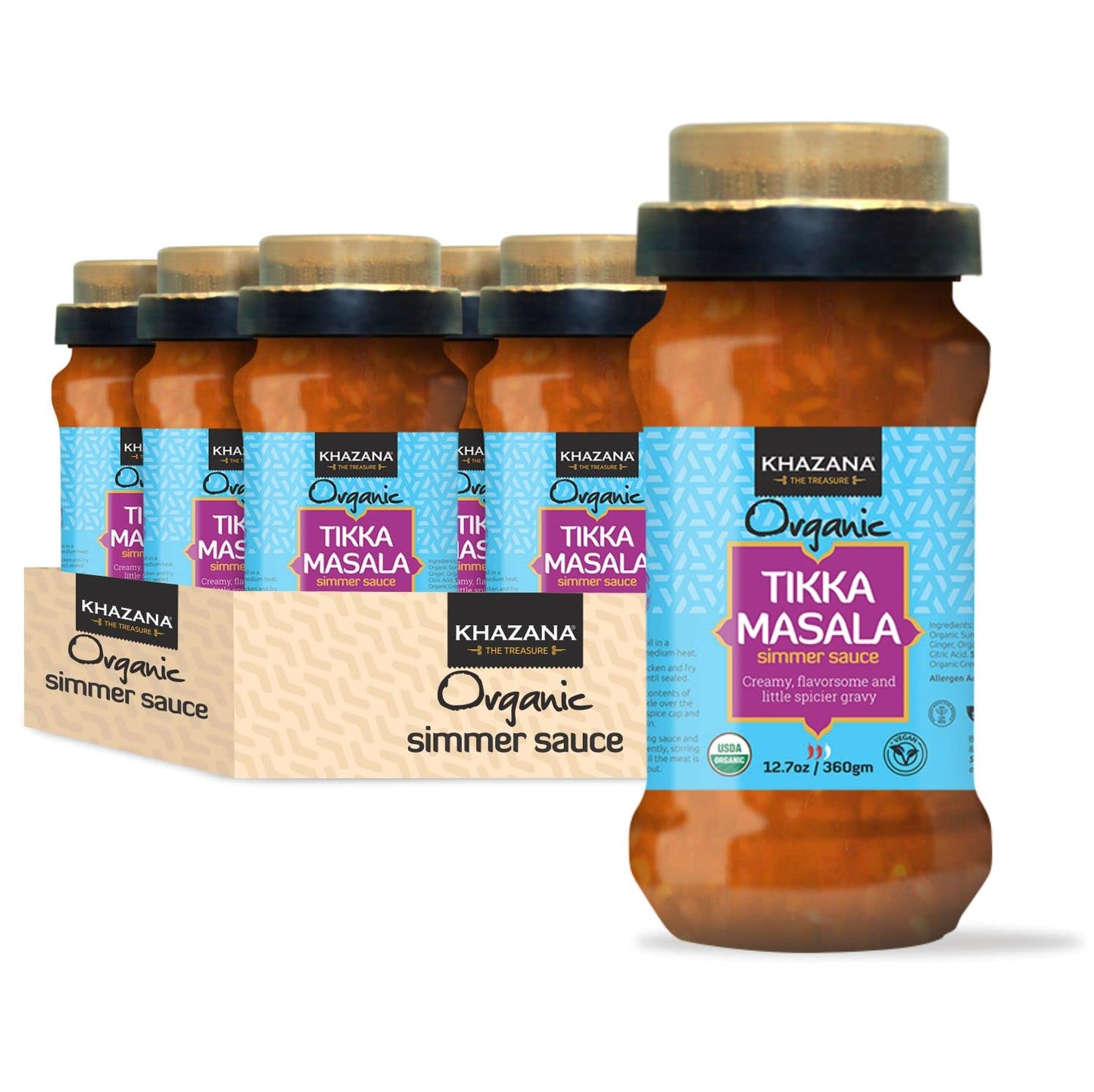 Khazana ORGANIC Tikka Masala Indian Simmer Sauce - 6 x 12.7oz Jars | Non-GMO, Vegan, Gluten Free, Kosher | Authentic Indian Meals Made Easy at Home!