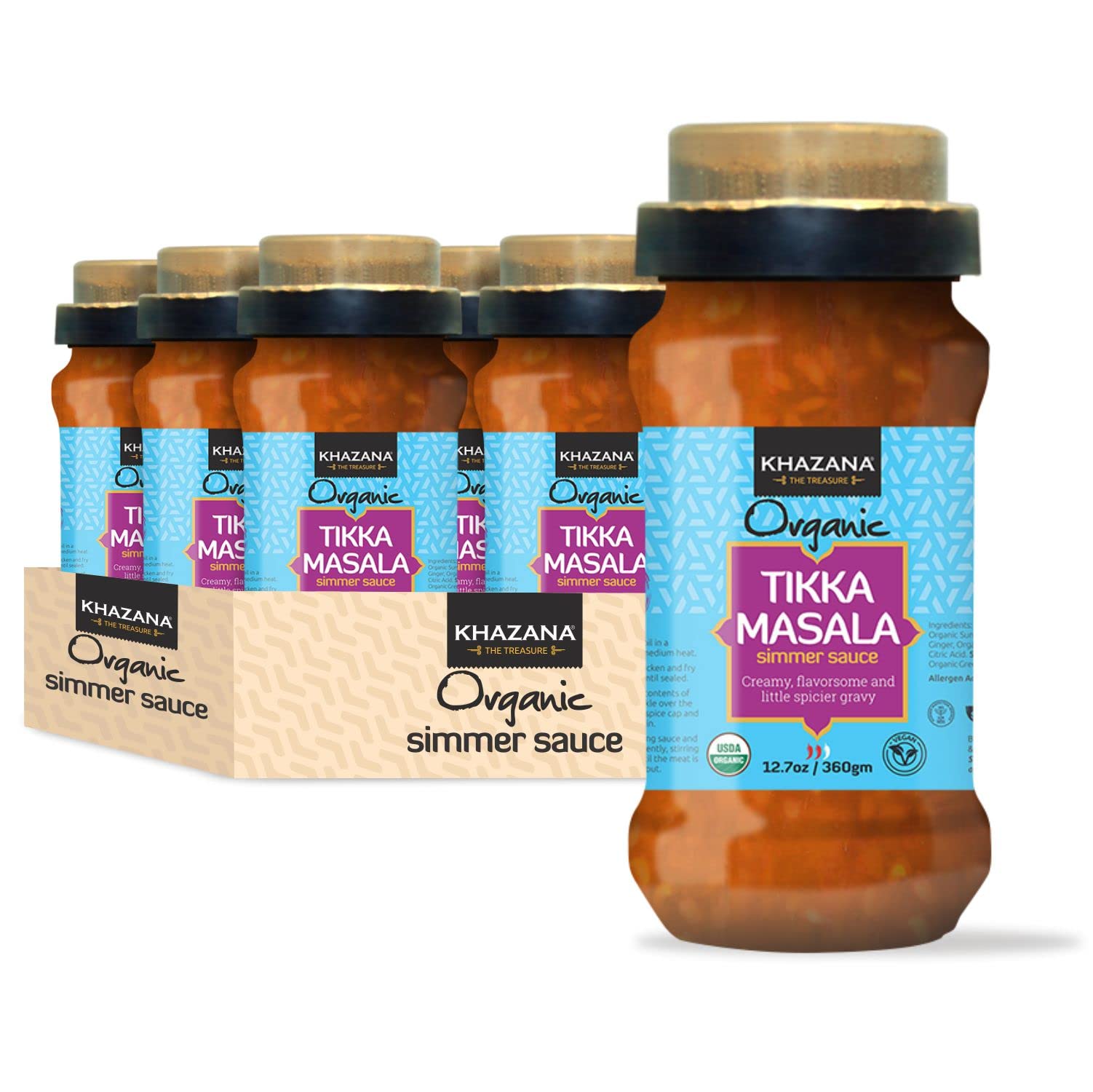 Khazana ORGANIC Tikka Masala Indian Simmer Sauce - 6 x 12.7oz Jars | Non-GMO, Vegan, Gluten Free, Kosher | Authentic Indian Meals Made Easy at Home!