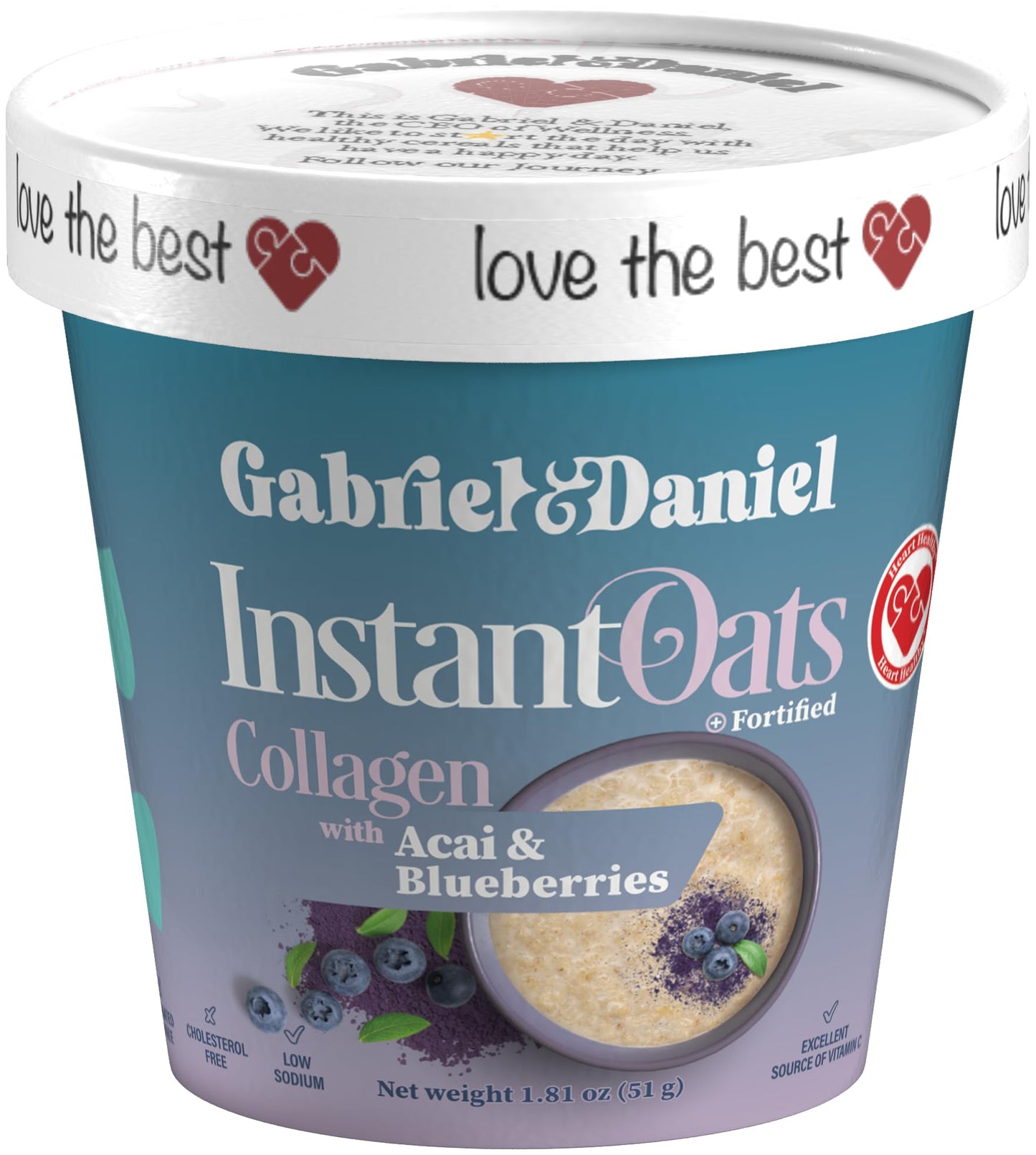 Gabriel & Daniel Instant Oatmeal w/Blueberries, Açaí & Collagen - Non-GMO, Pure and Organic Gluten Free Oats - High Protein & Fiber for Skin, Heart