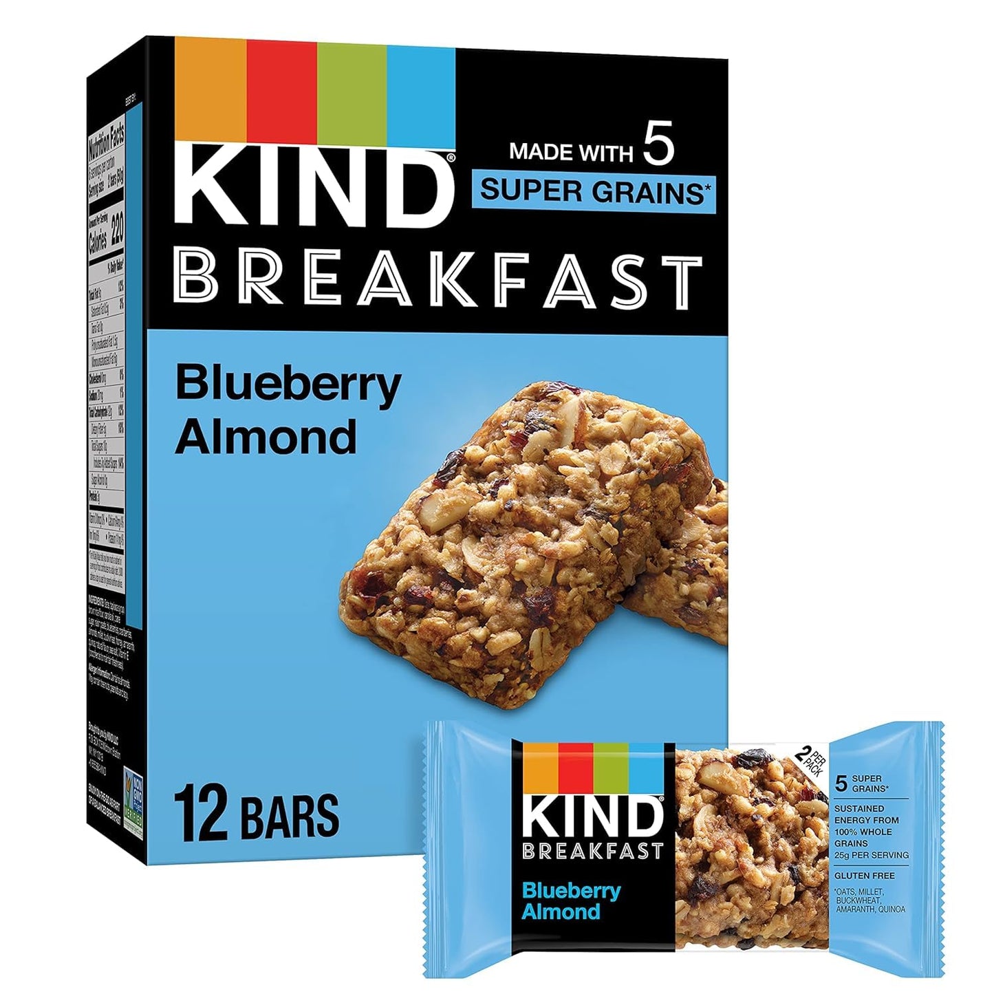 KIND Breakfast Bars Variety Pack - 60 Bars - Dark Chocolate Cocoa, Honey Oat, Peanut Butter, Blueberry Almond & Almond Butter - Healthy On-the-Go