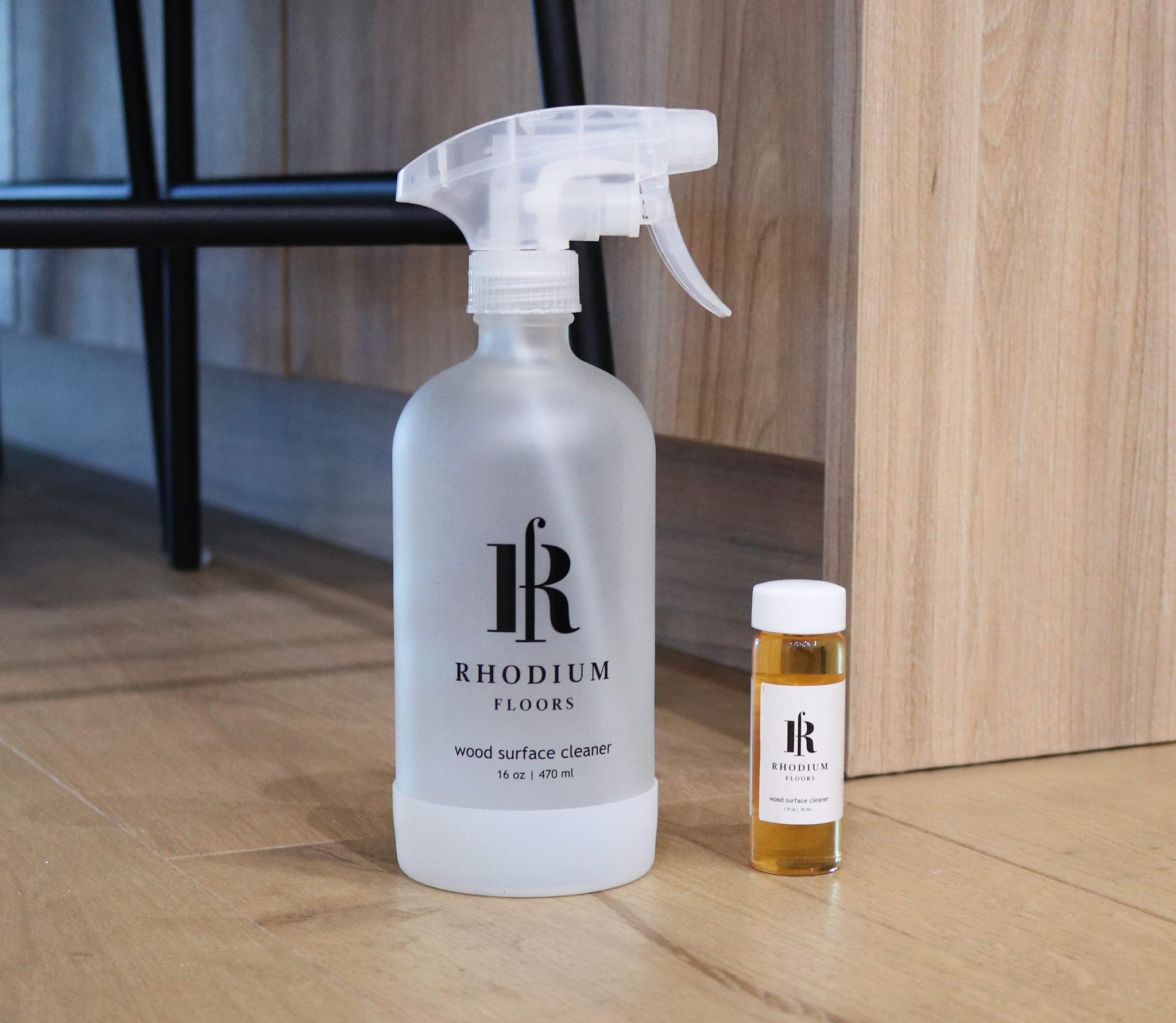 Rhodium Floors natural surface cleaner reusable glass bottle and vial concentrate for wood and bath & tiles (Wood Floor)
