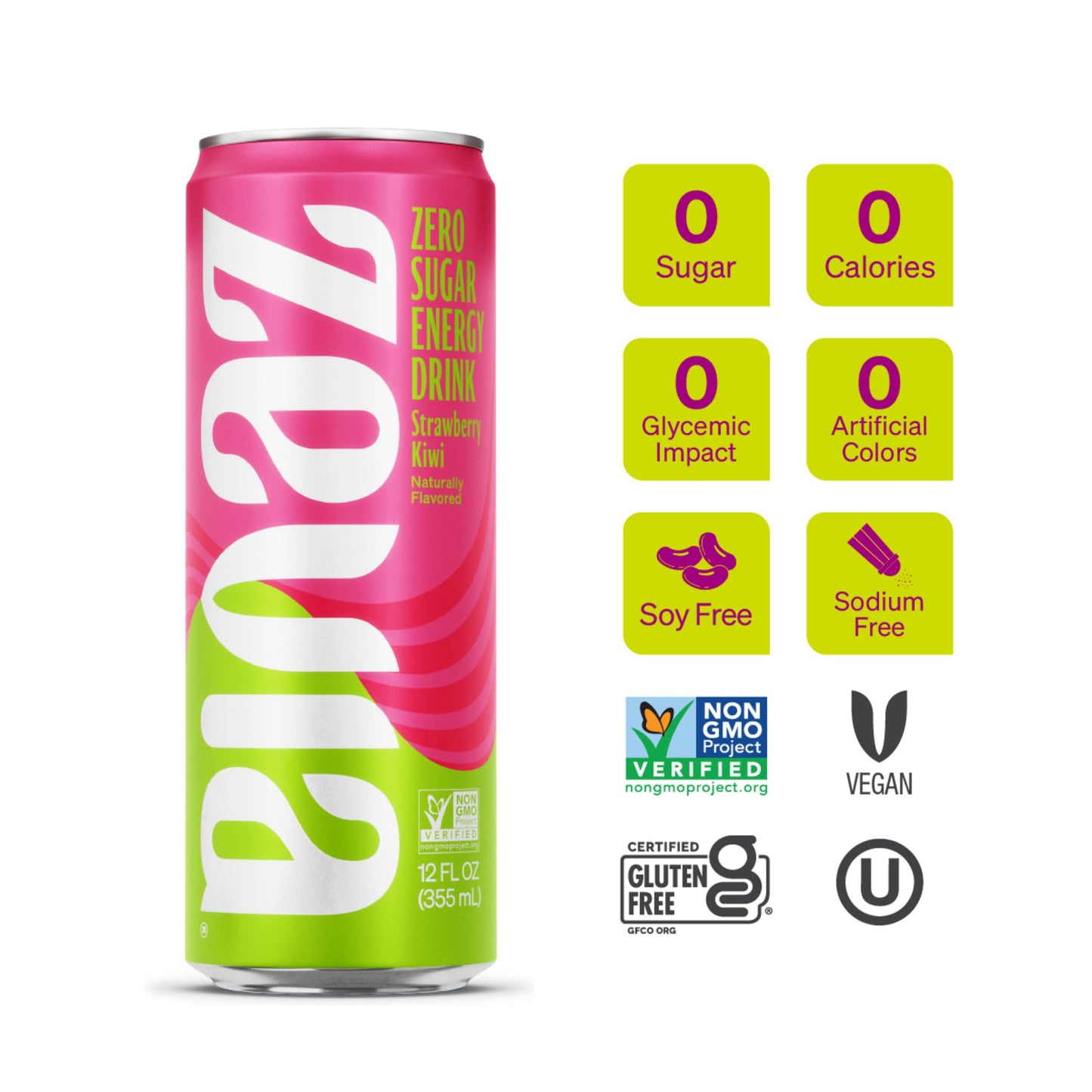 Zevia Zero Calorie Energy Drink, Strawberry Kiwi, 12 Ounce Can