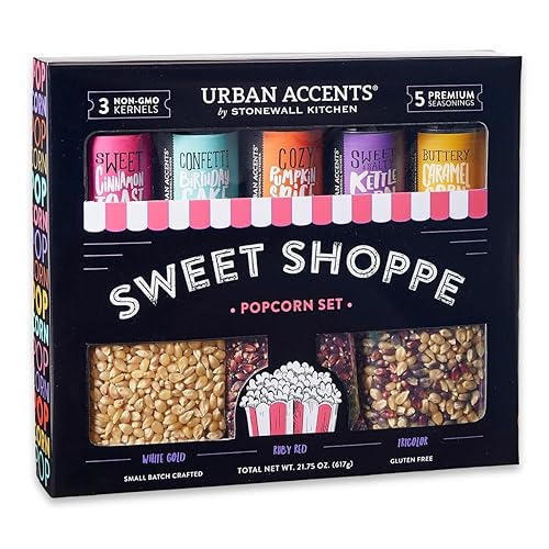 Urban Accents Movie Night Sweet Shoppe Small-Batch Popcorn Gift Set - Includes 3 Gourmet non-GMO Popcorn Kernel Varieties & 5 Flavorful Seasonings